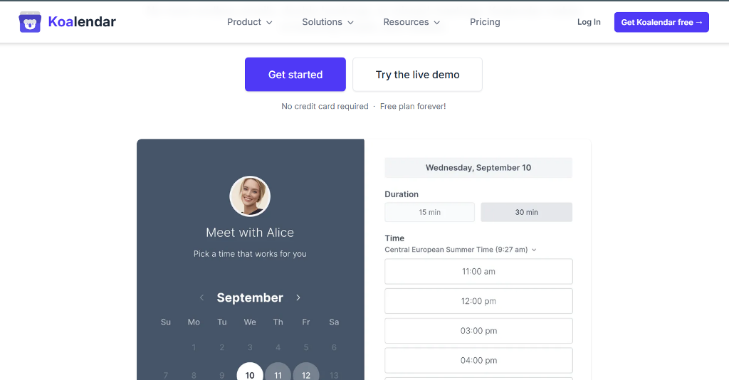 koalendar websitte main page