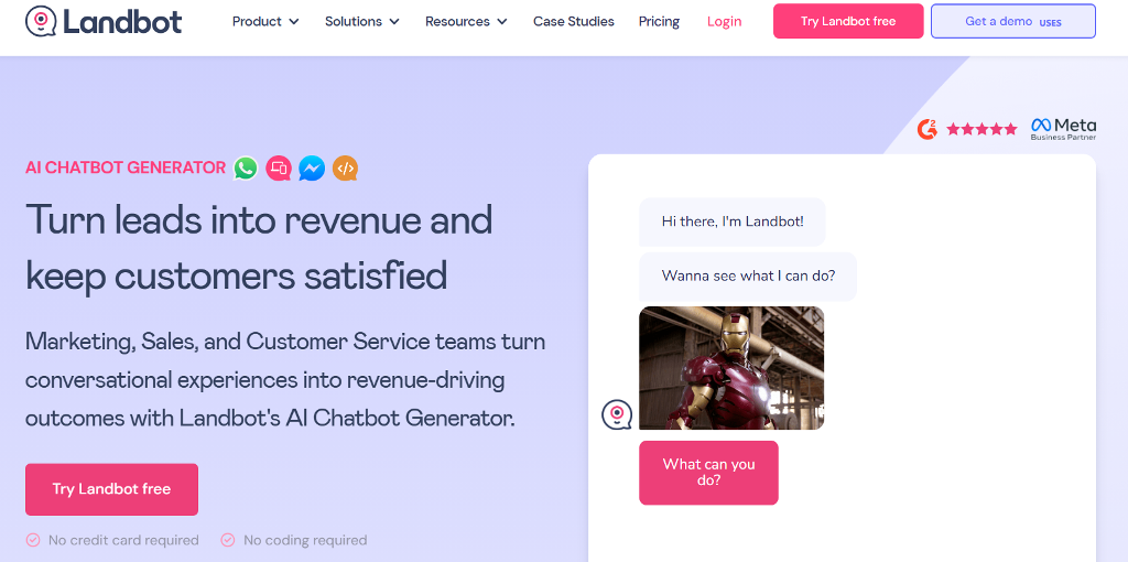 Landbot website main page - chatfuel competitors