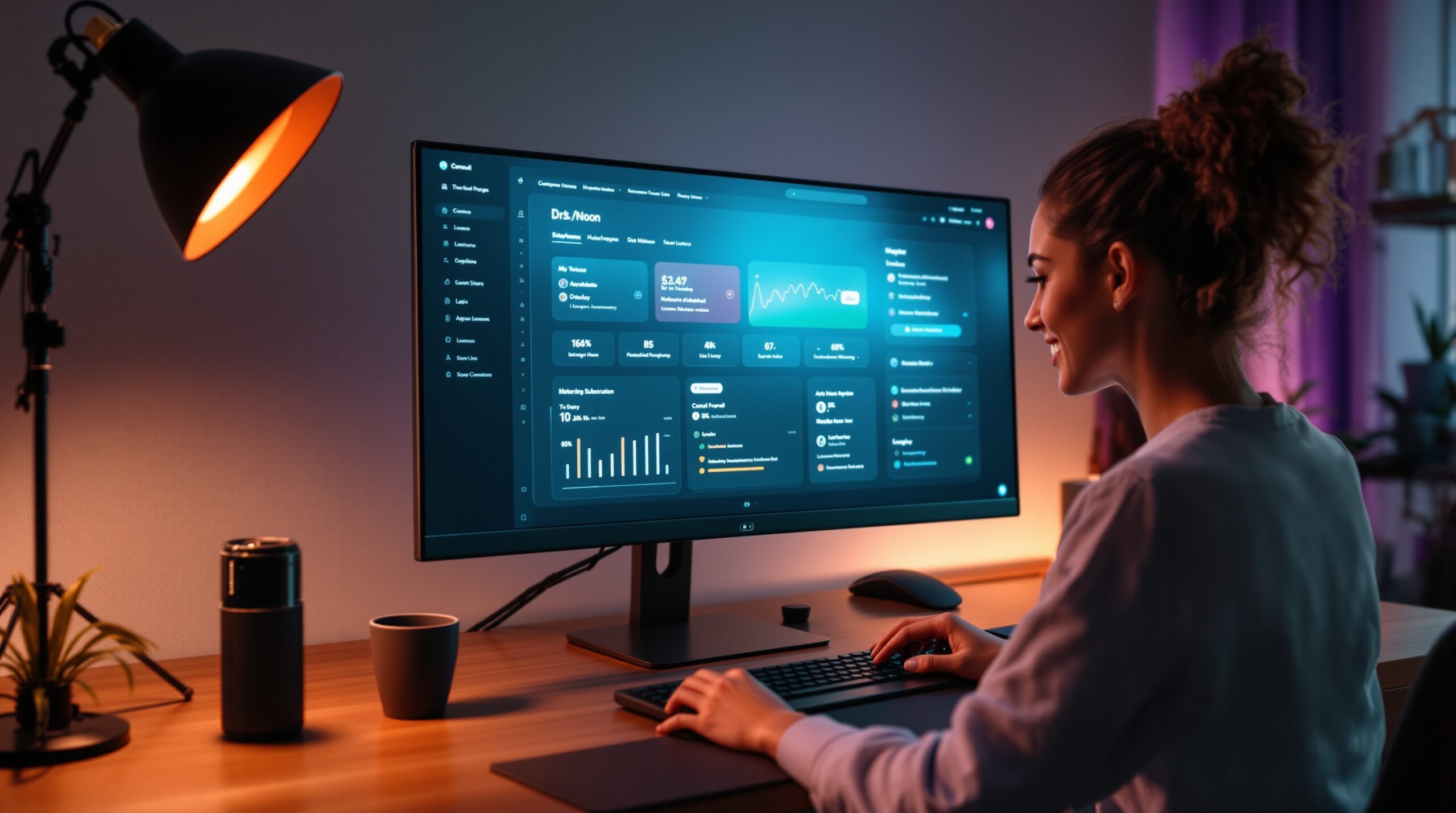 A modern workspace with a monitor displaying a product dashboard.