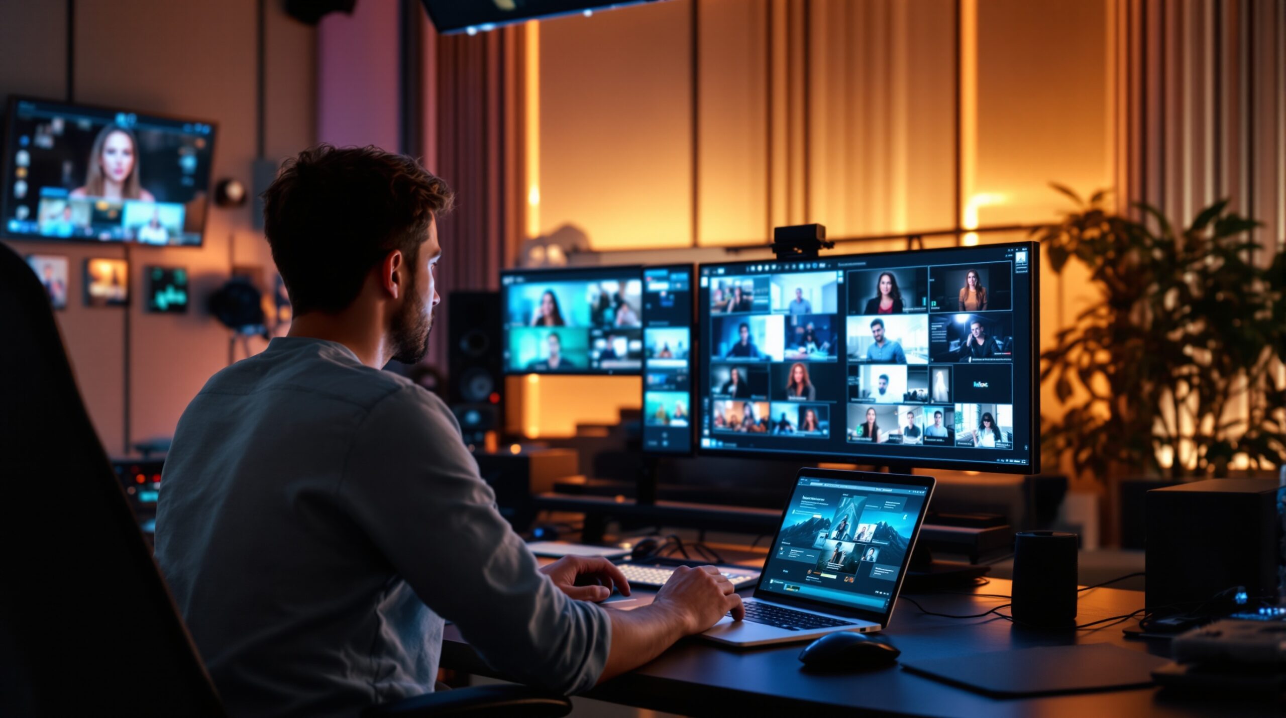 Streaming platform control room with multiple screens in a modern studio