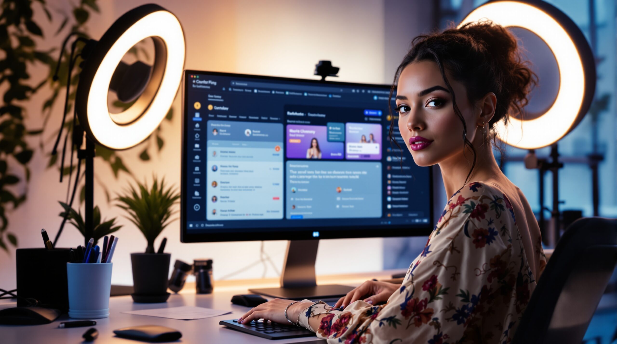 Modern workspace with a monitor showing a live streaming platform interface