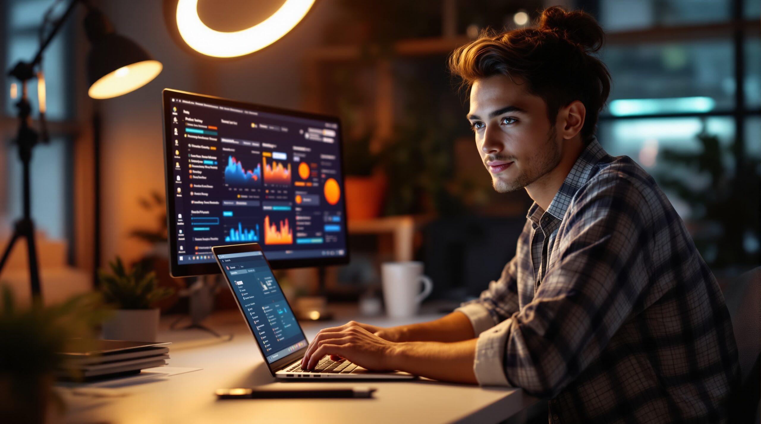 Laptop and dashboard screens in a clean startup workspace for streaming app planning