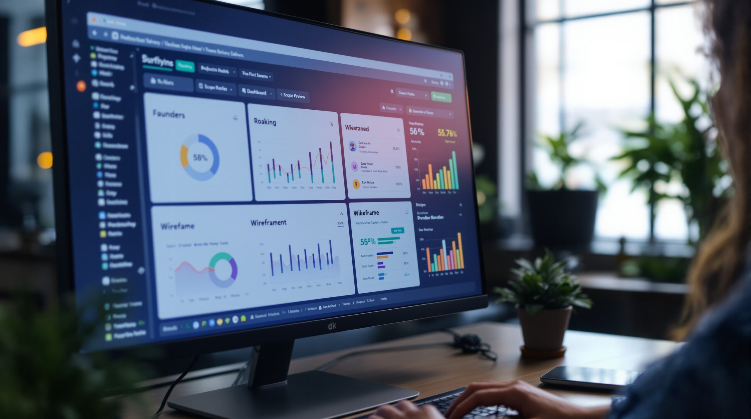 Project dashboard on a monitor showing startup software delivery tracking and scope control