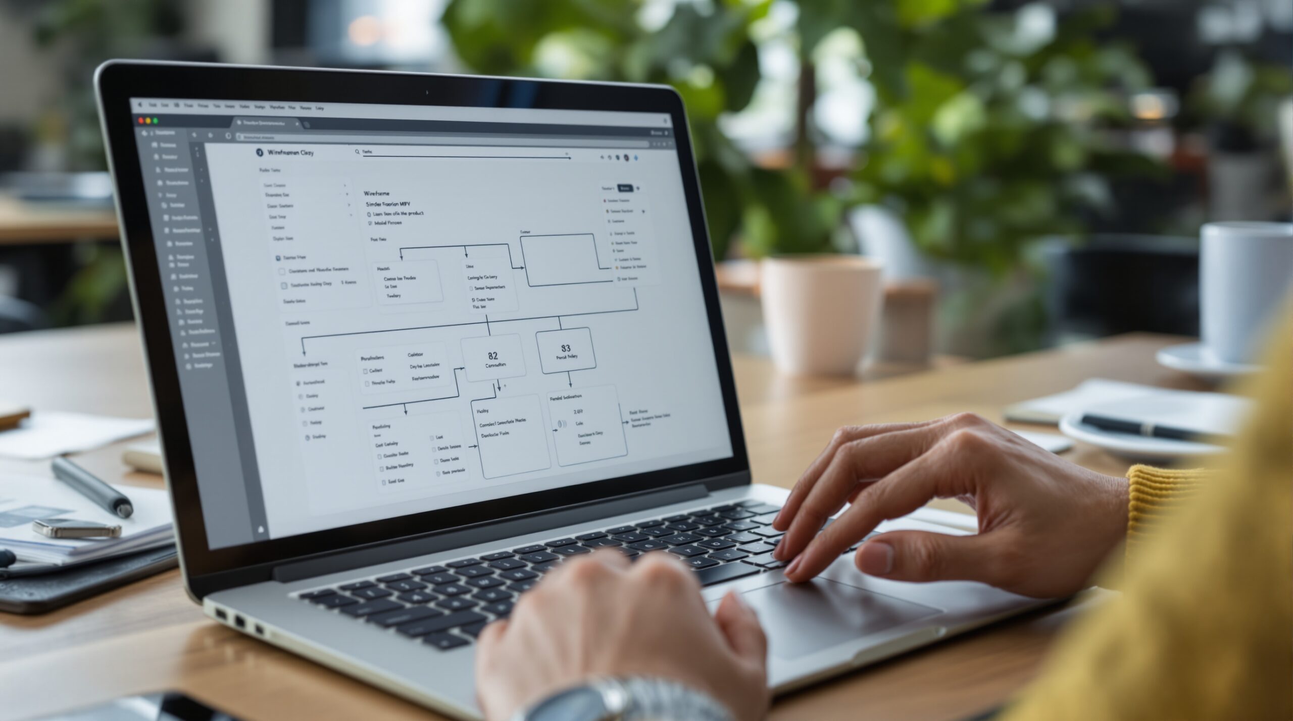 Laptop displaying a simple wireframe for a startup MVP