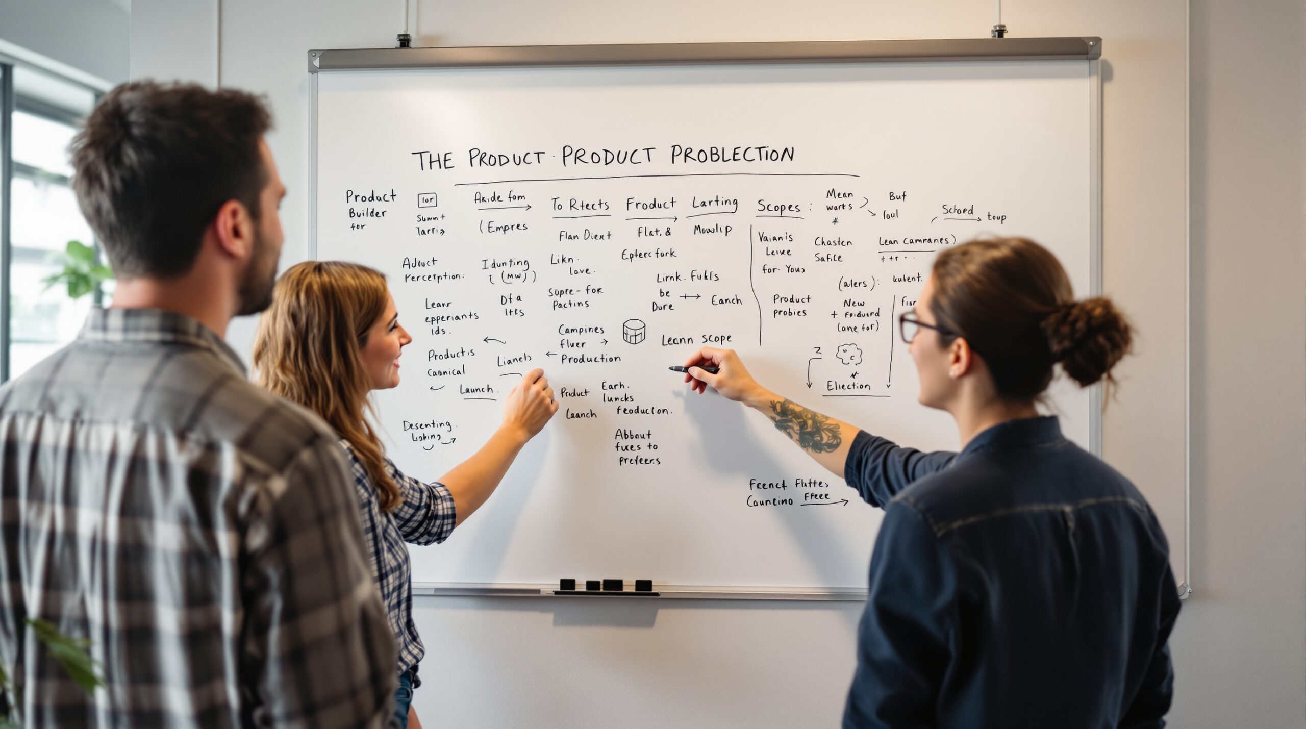 Startup team planning the product problem and early scope around a whiteboard with notes and sketches
