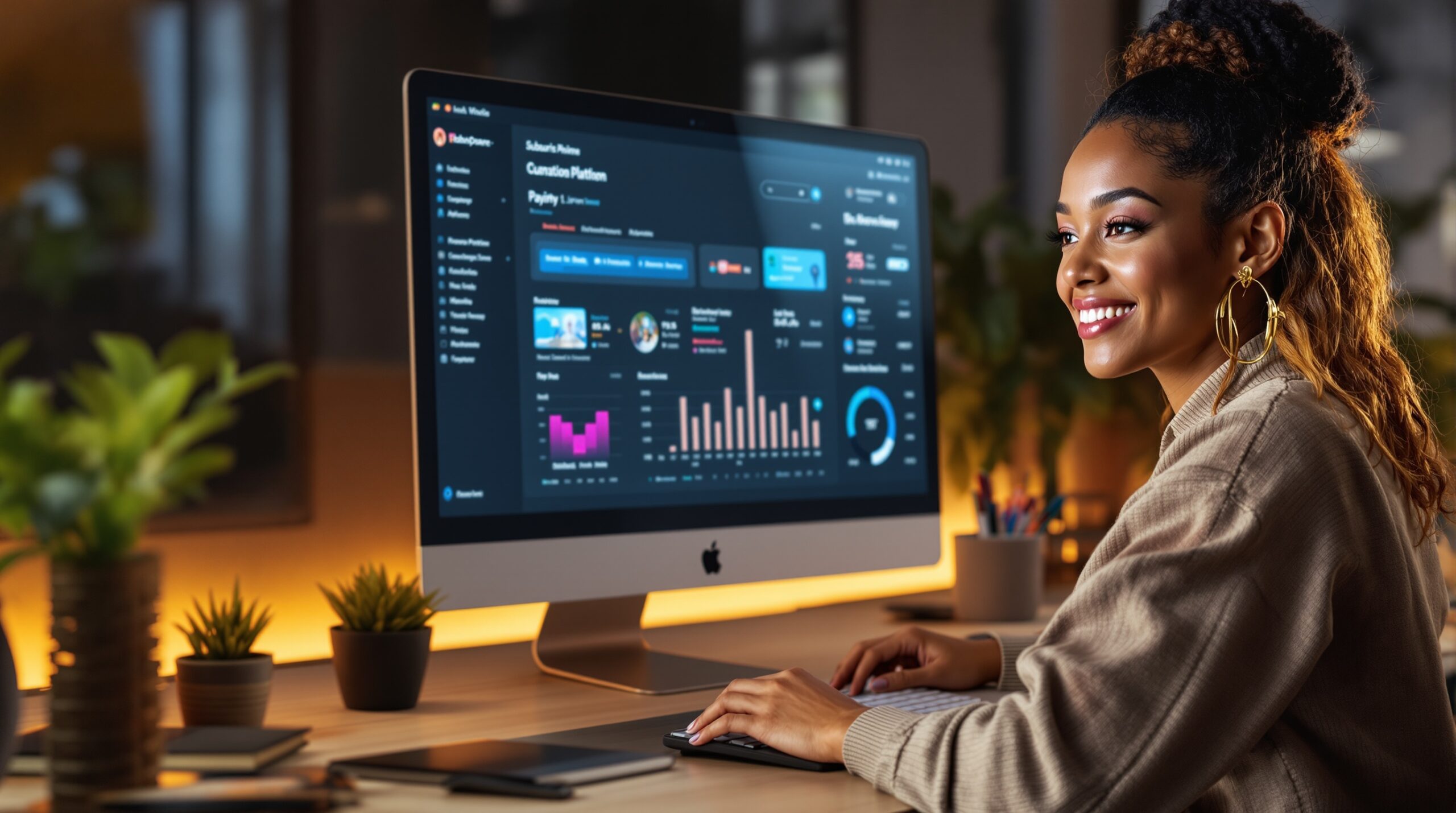 Modern workspace with a dashboard on screen for planning a subscription platform