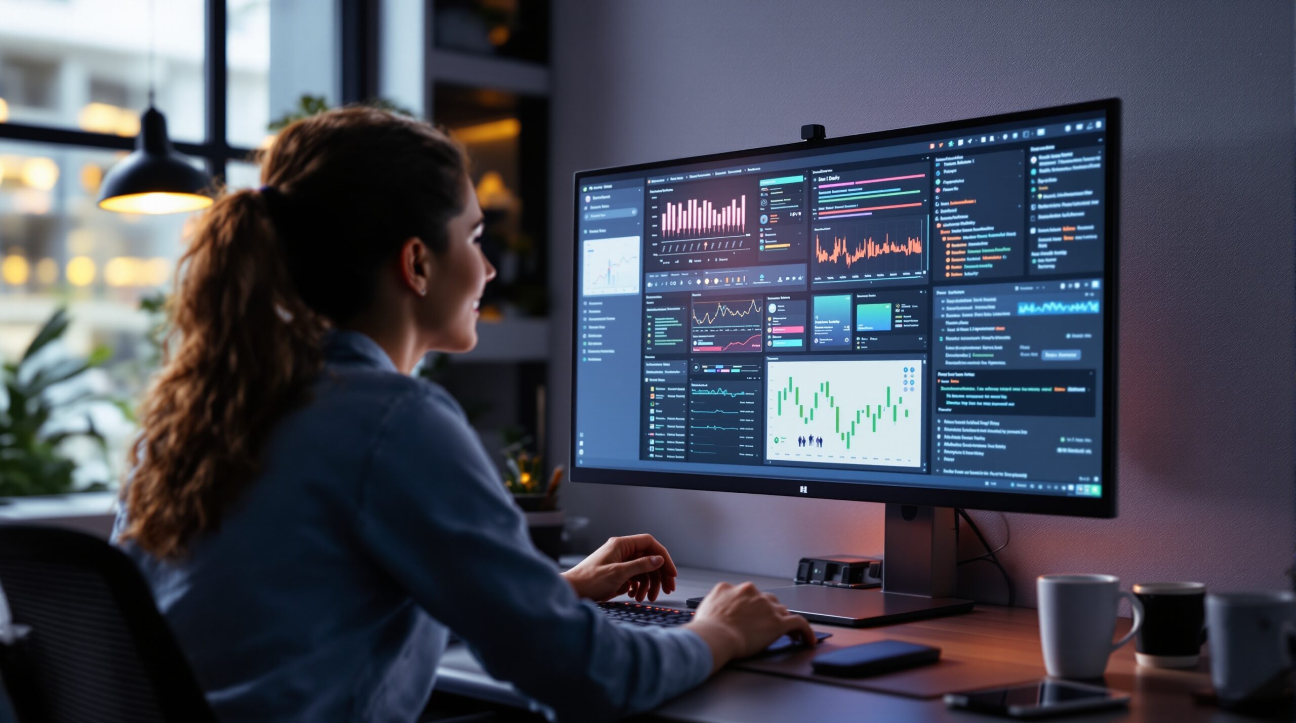 Modern workstation with monitor showing software development workflow for a startup team