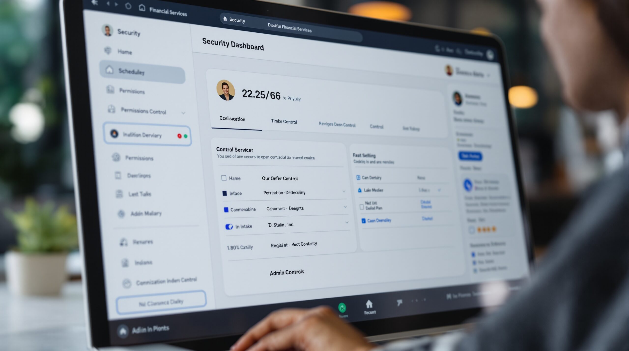 Security dashboard illustrating permissions and control settings for financial services scheduling software
