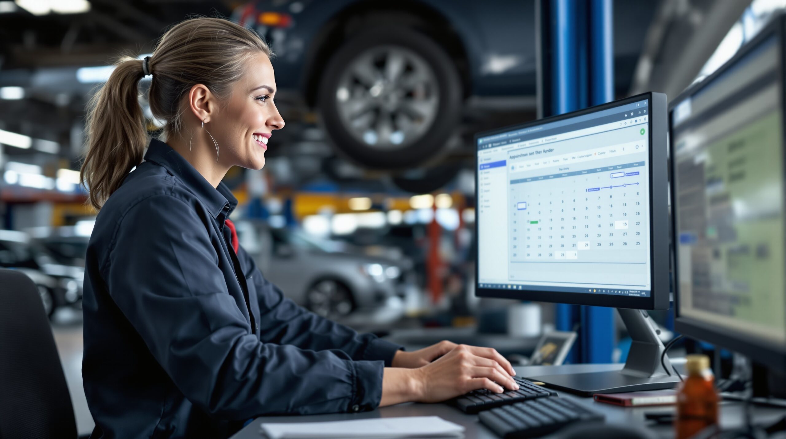 Service advisor in an auto shop coordinating appointment timing and repair workflow
