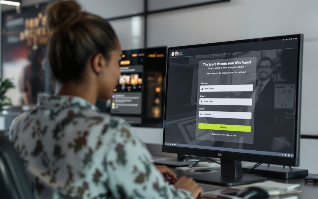 Escape room booking software shown in a modern venue with a visible scheduling screen for timed sessions and deposits