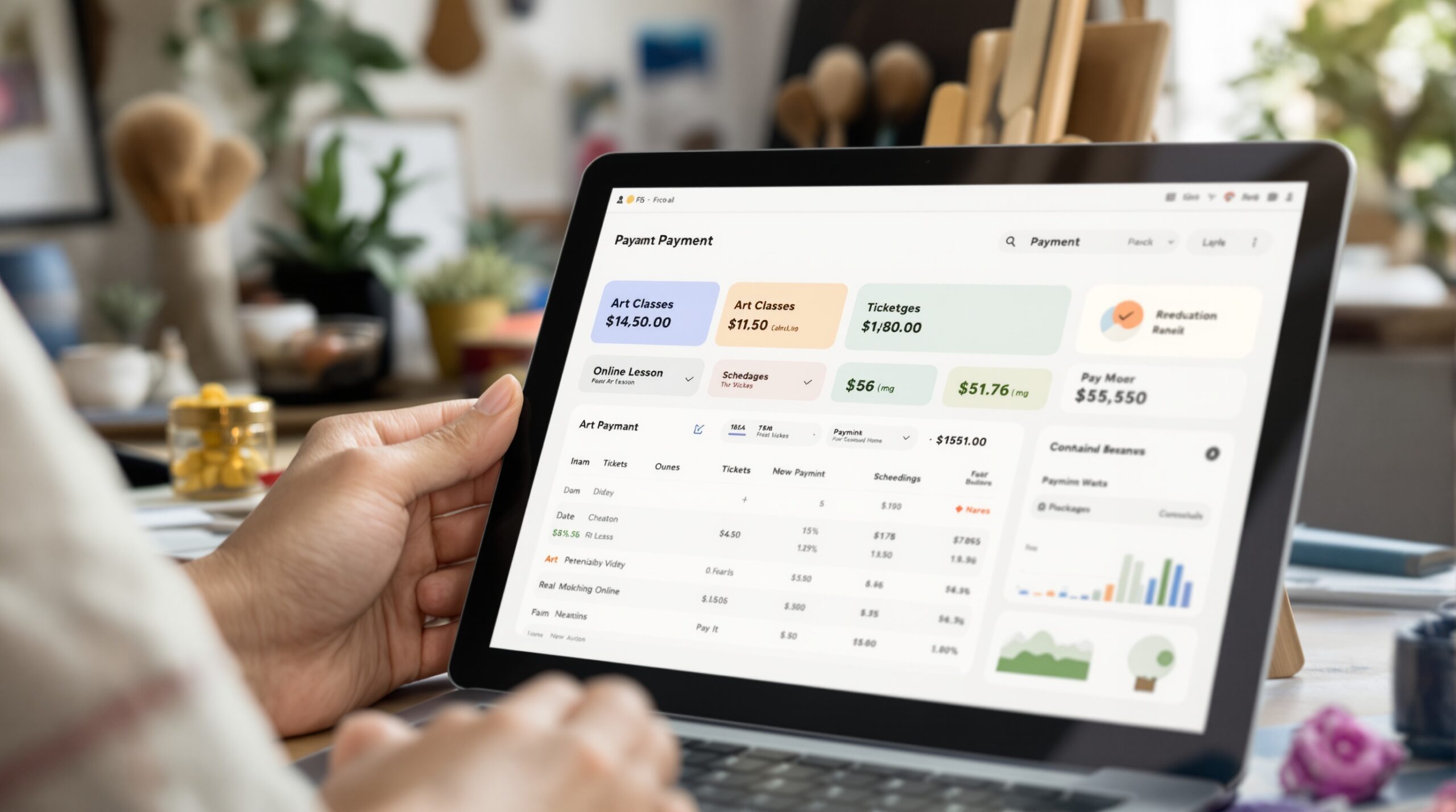 A modern payment dashboard used for art class tickets, packages, and online lesson revenue.