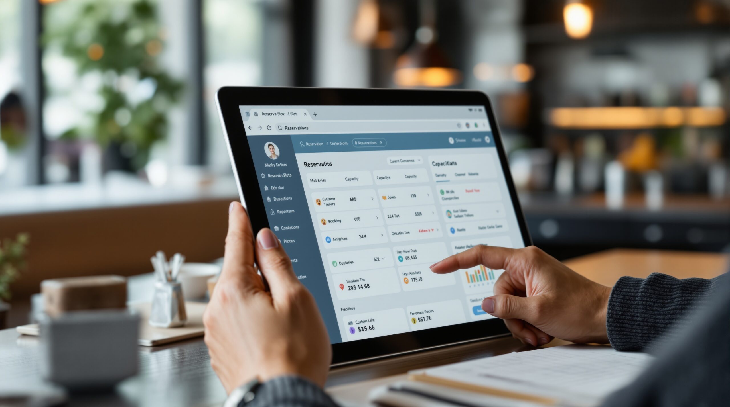 Booking interface showing reservation slots and customer details