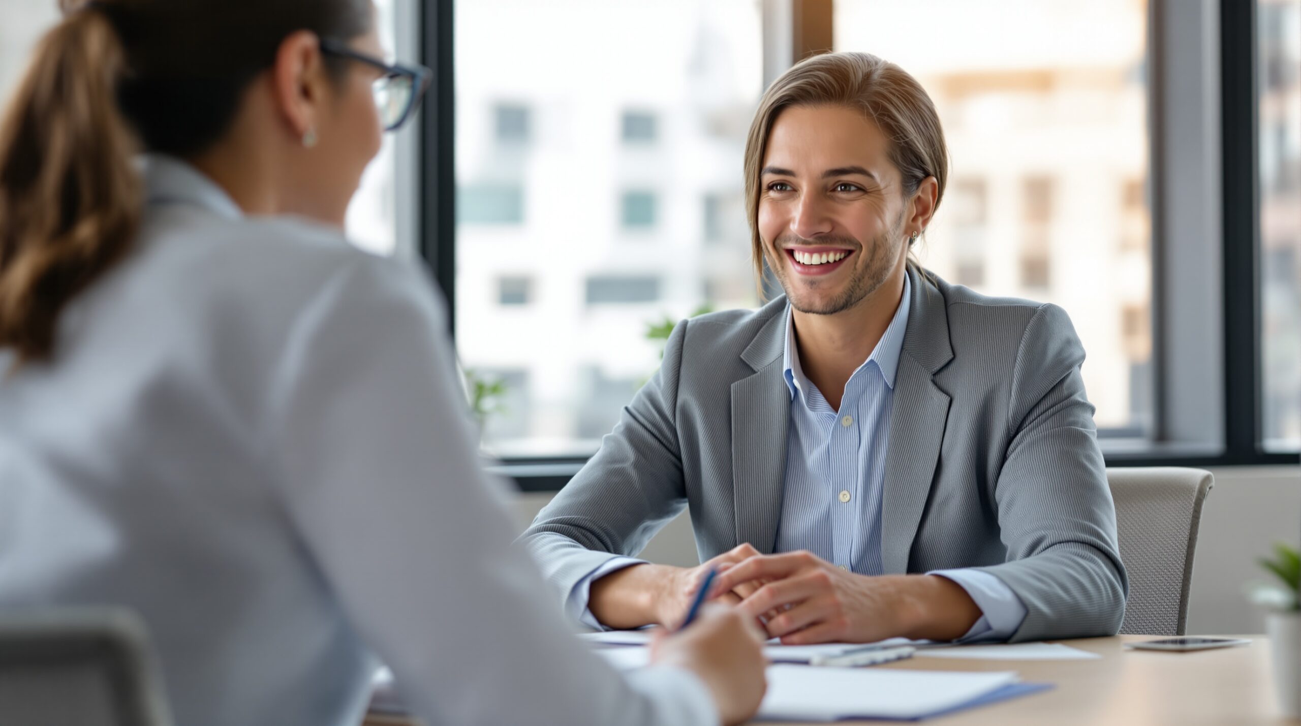 Two professionals in a business meeting focused on planning next steps