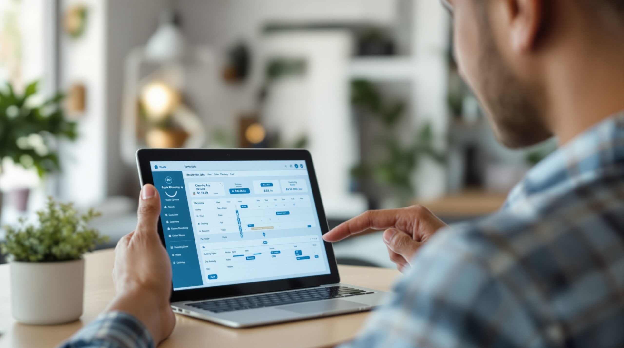 Route planning screen and service vehicle context for cleaning business scheduling