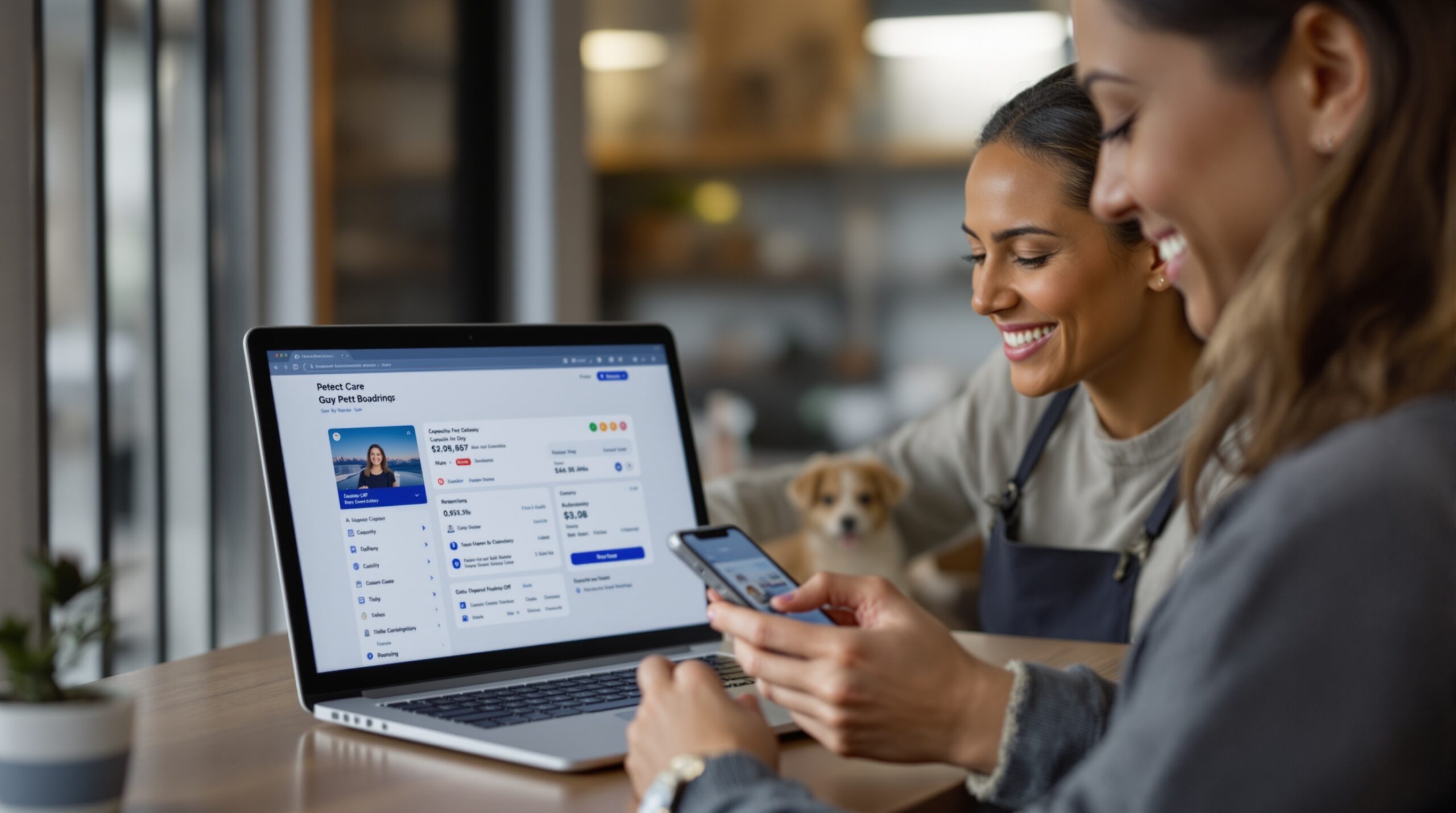 Pet owner reviewing boarding details on a mobile device before drop-off