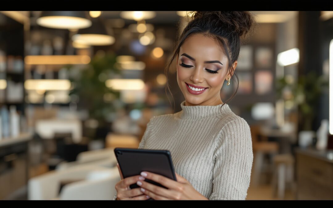 Salon owner reviewing appointment booking software in a modern beauty salon