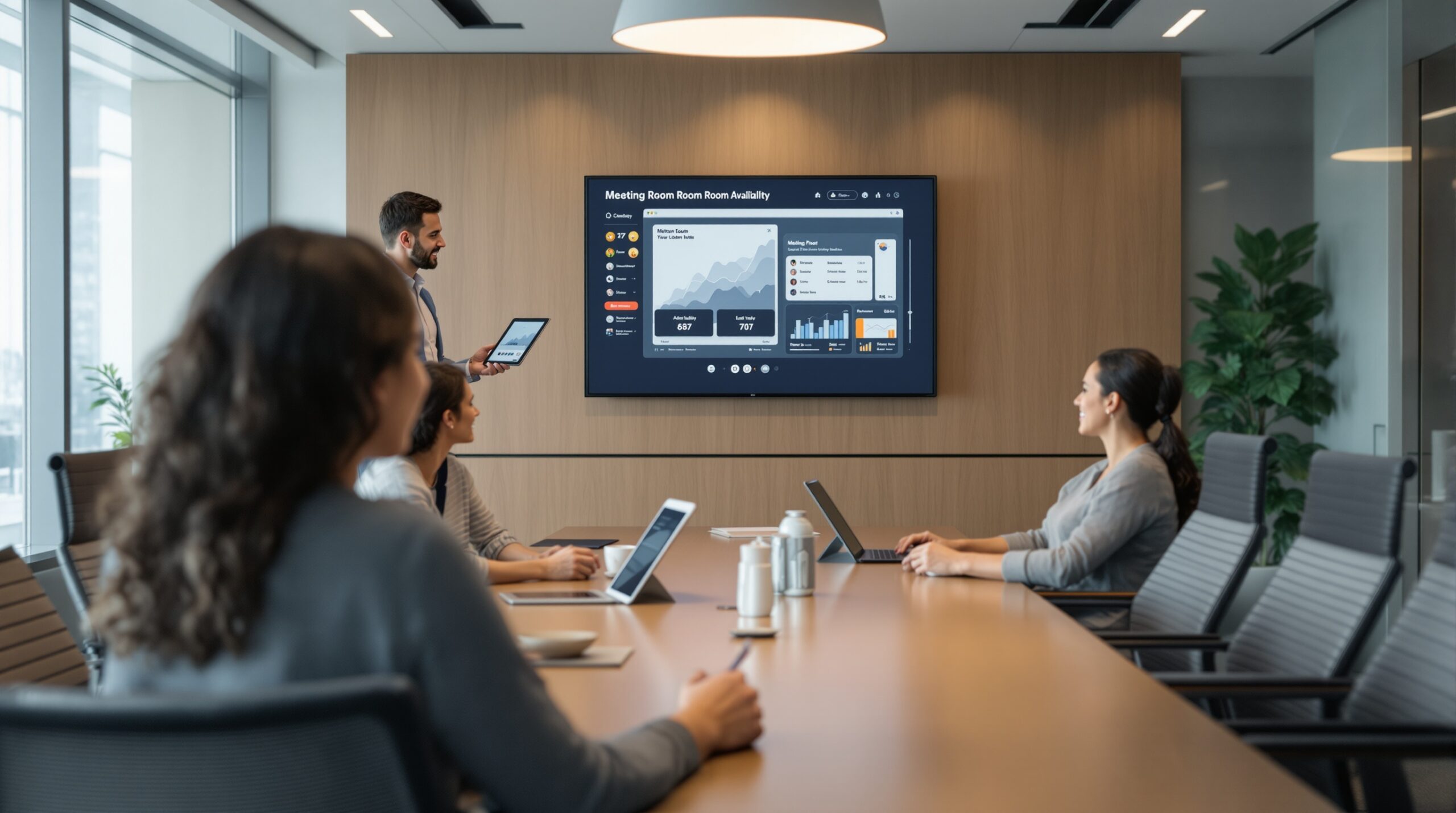 Modern conference room prepared for a scheduled meeting with presentation display