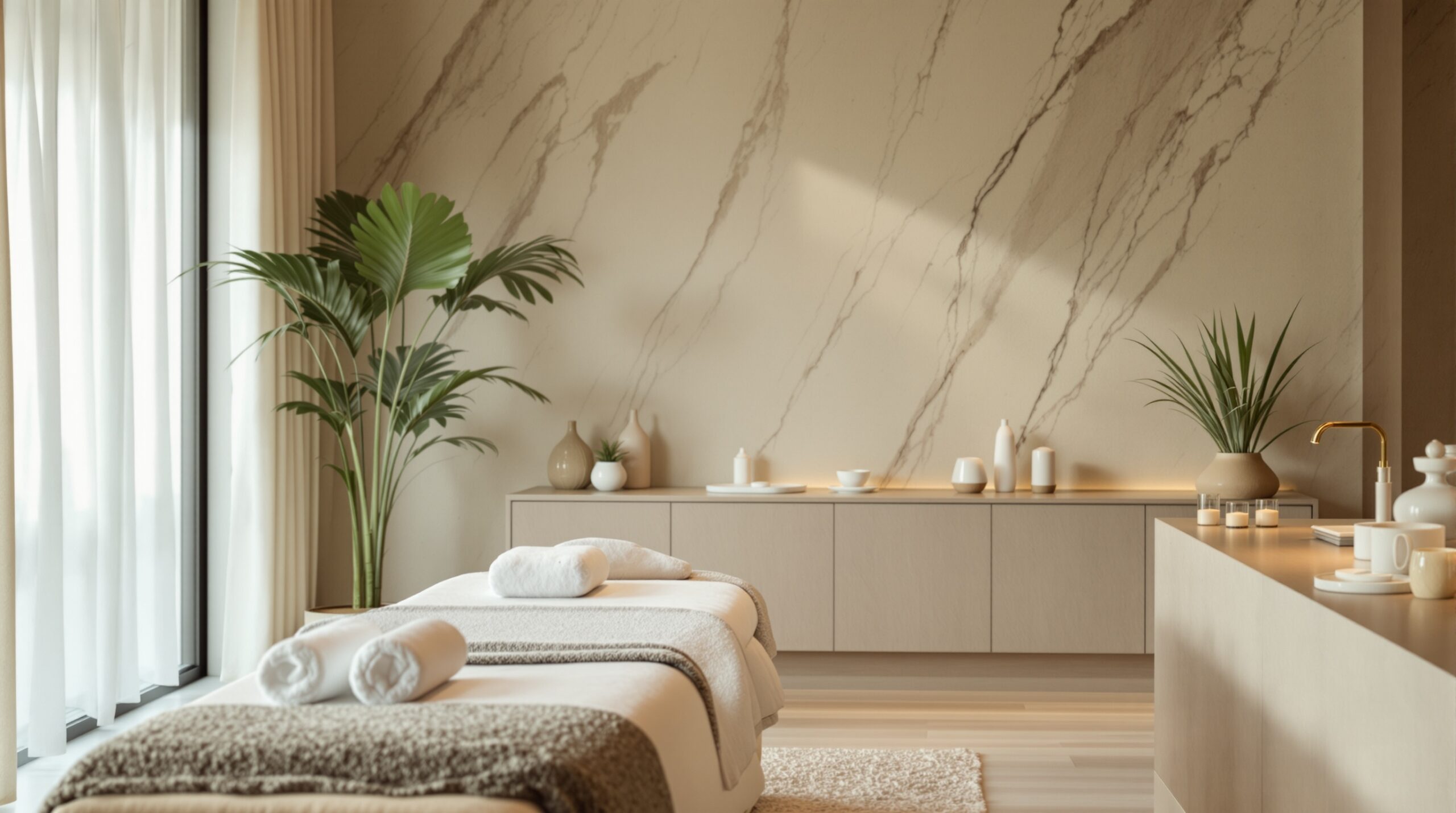A modern spa interior that communicates room coordination and scheduling constraints for spa operations