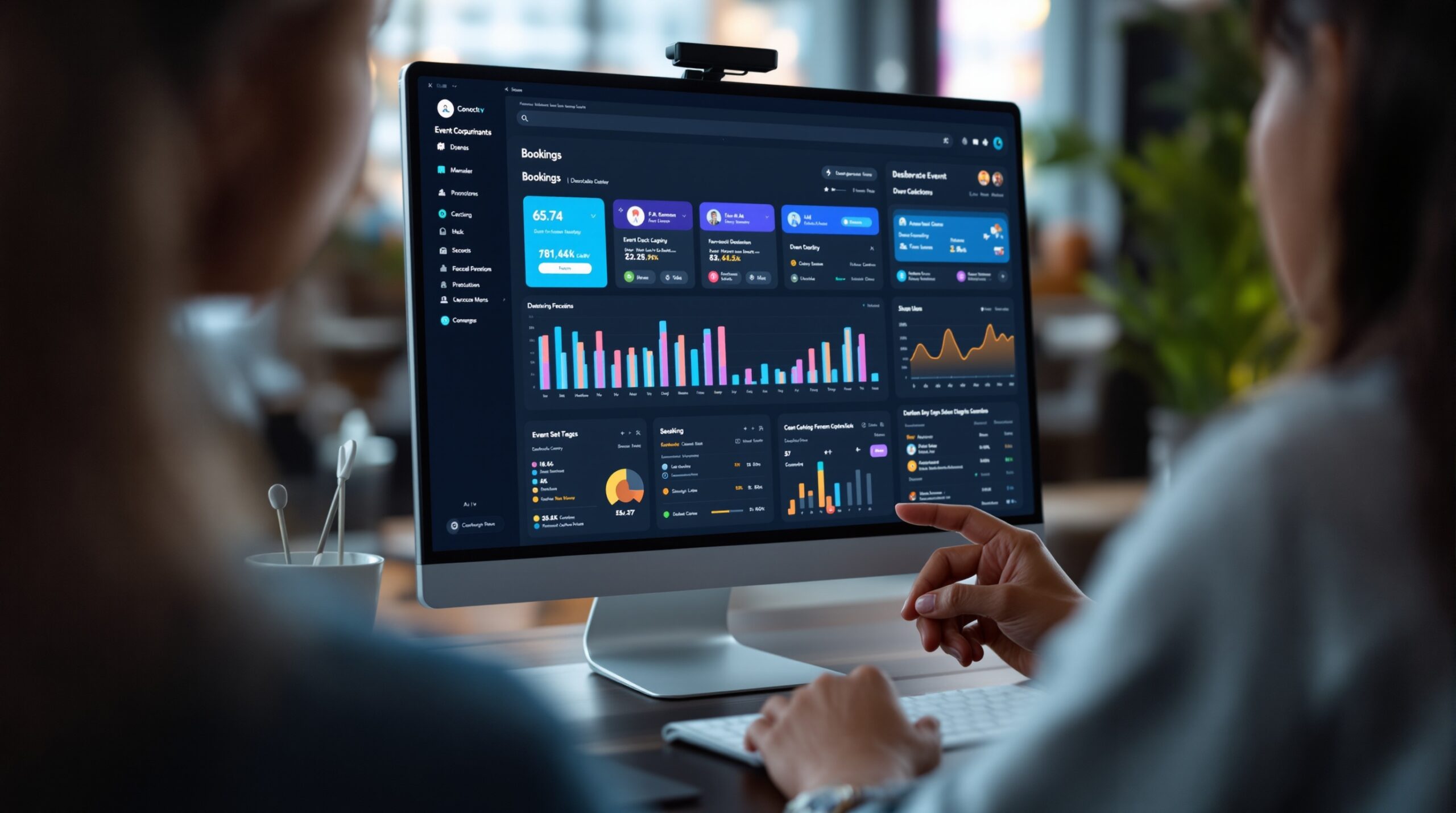 An organizer reviewing an event management dashboard with bookings, capacity, and session details