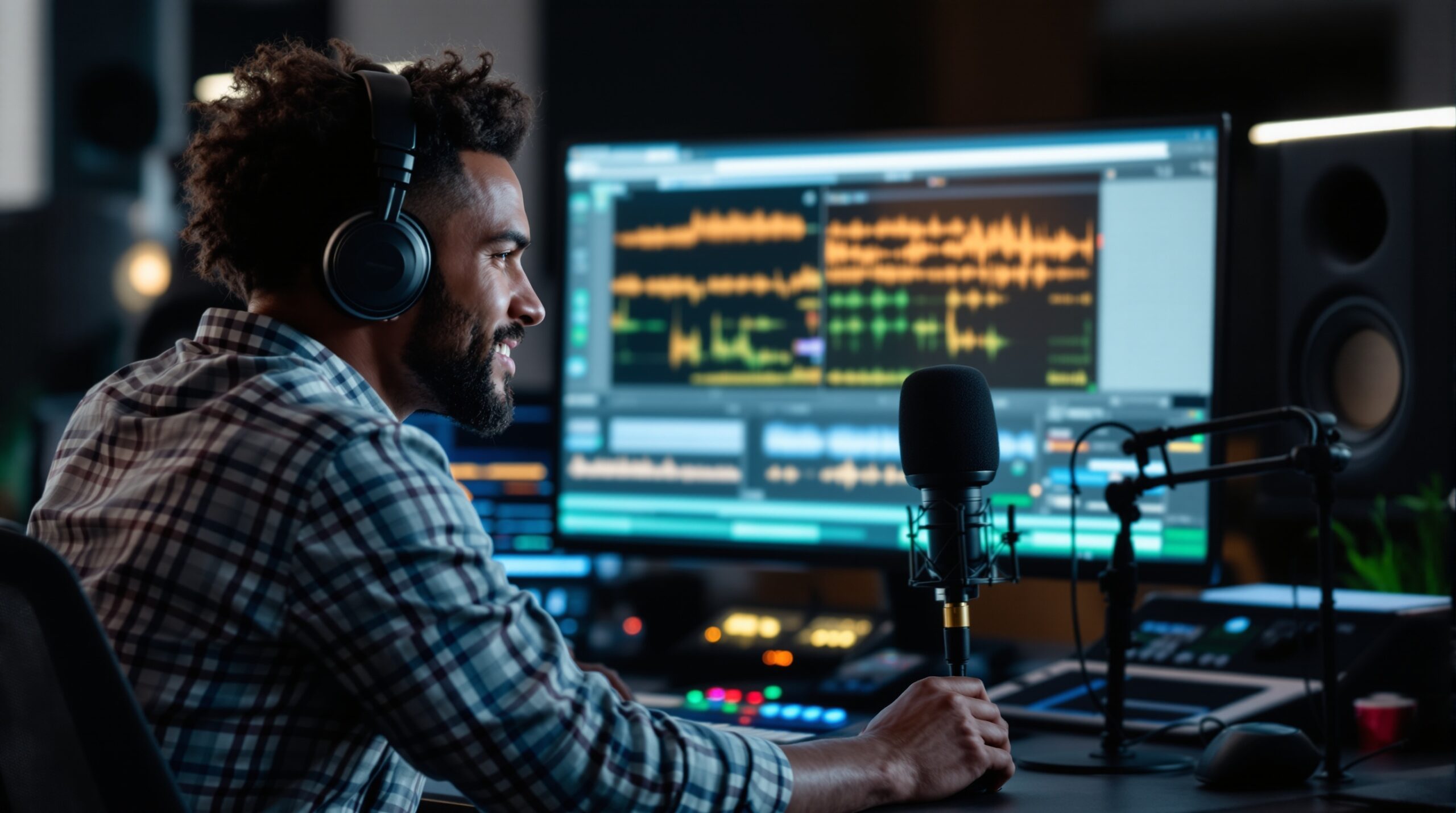 Recording studio setup with microphone and monitor for preparing clean voice data before training