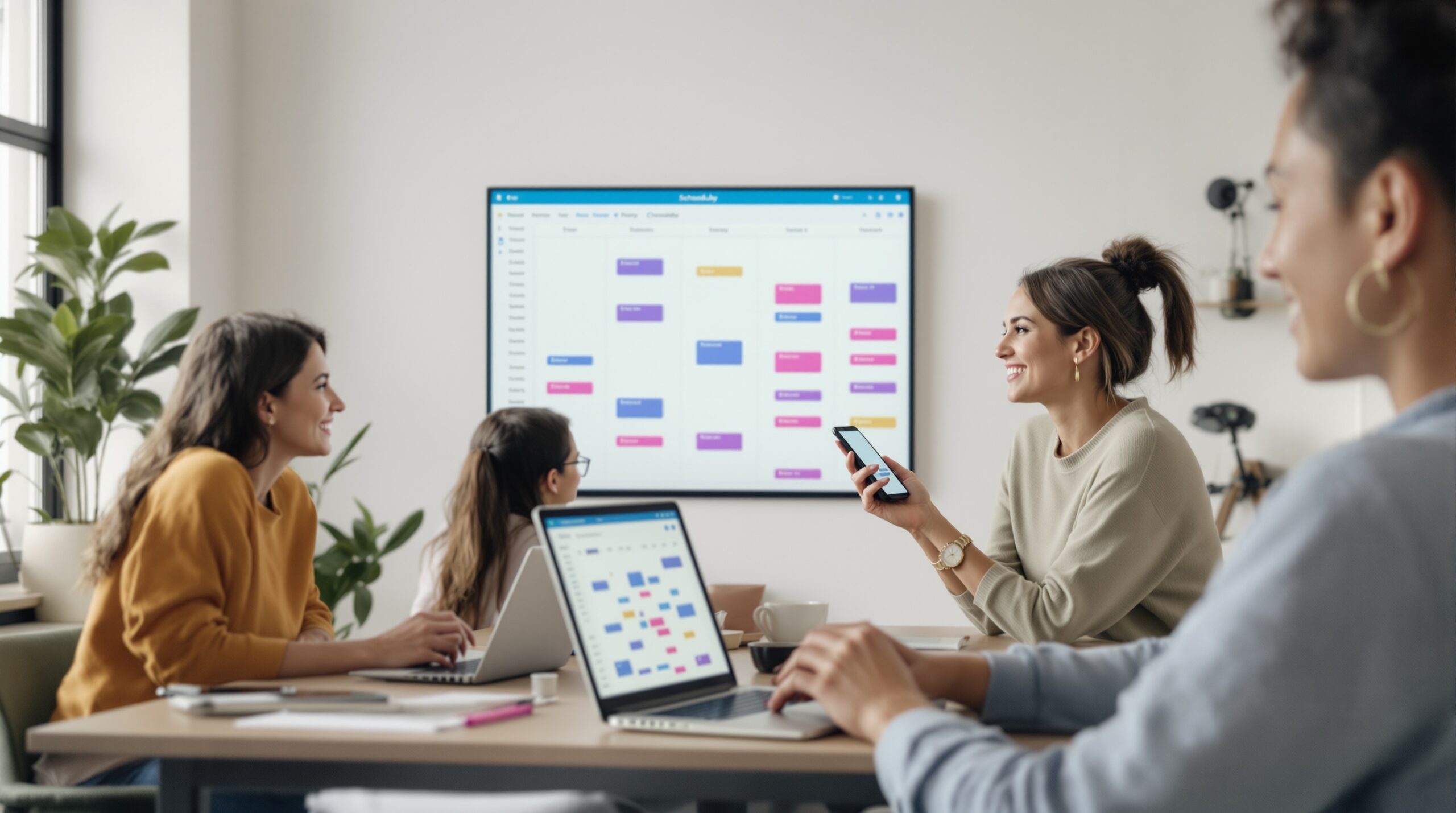 Small team coordinating schedules around a shared planning board