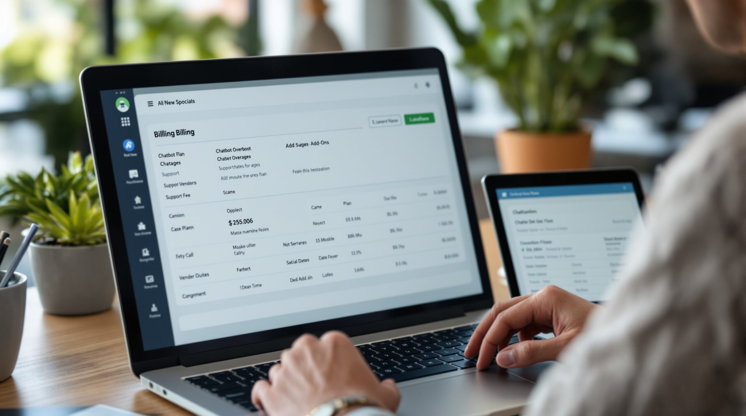Billing screen illustrating chatbot overages, add-ons, and support fees