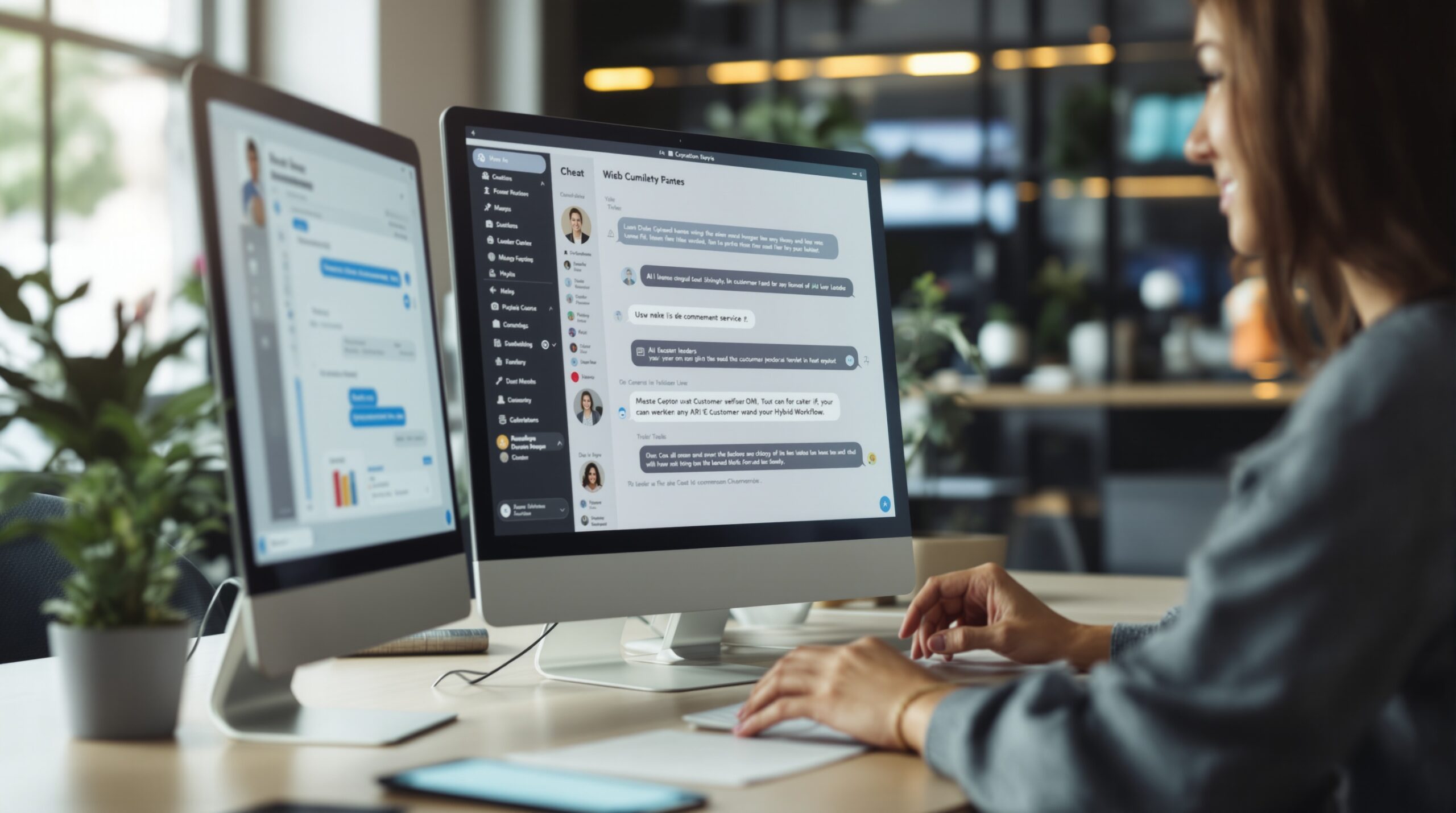 Customer service chat interface showing AI-assisted support and hybrid workflow options