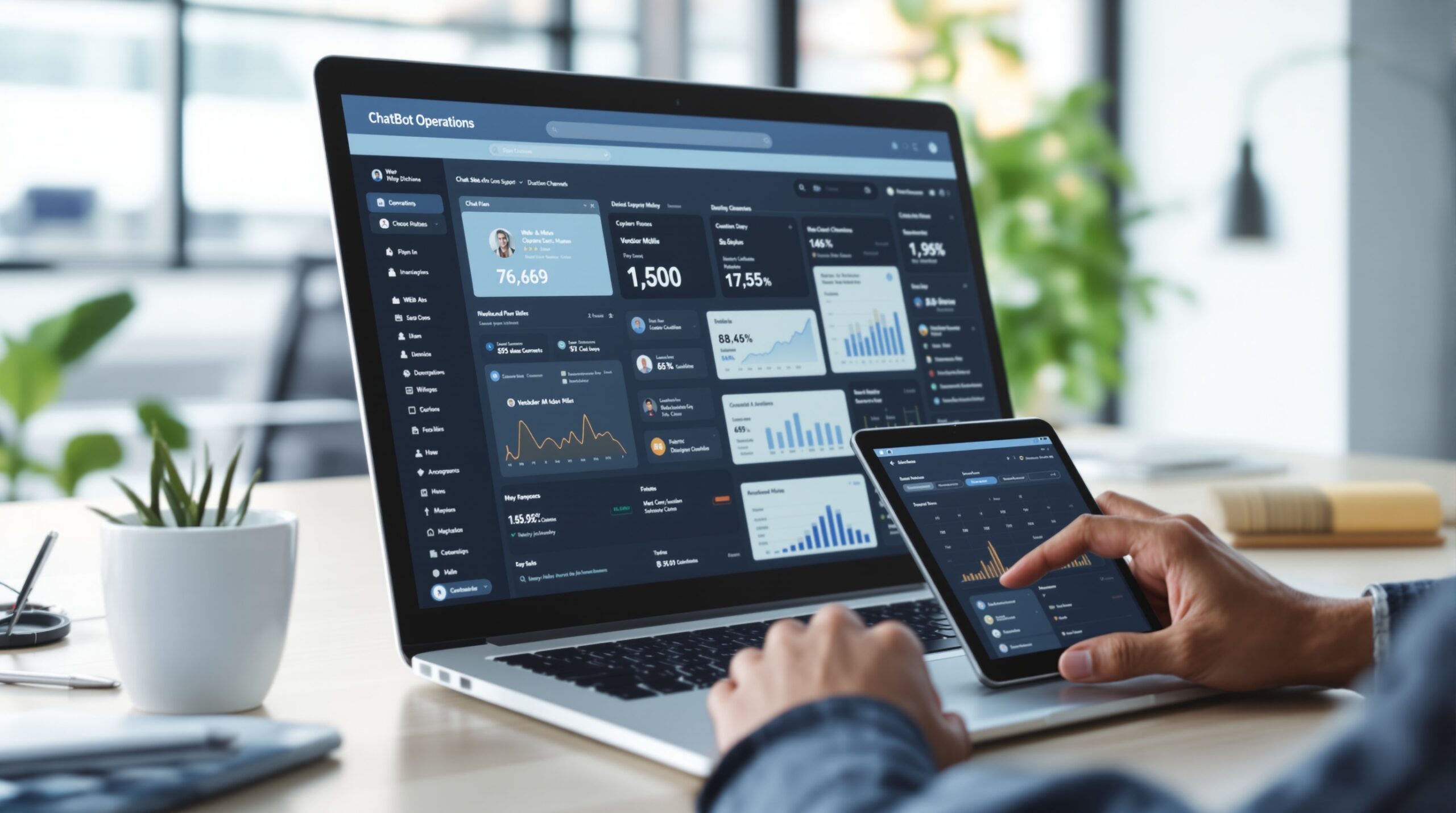 Multi-device chatbot dashboard showing web and mobile channels in one workflow