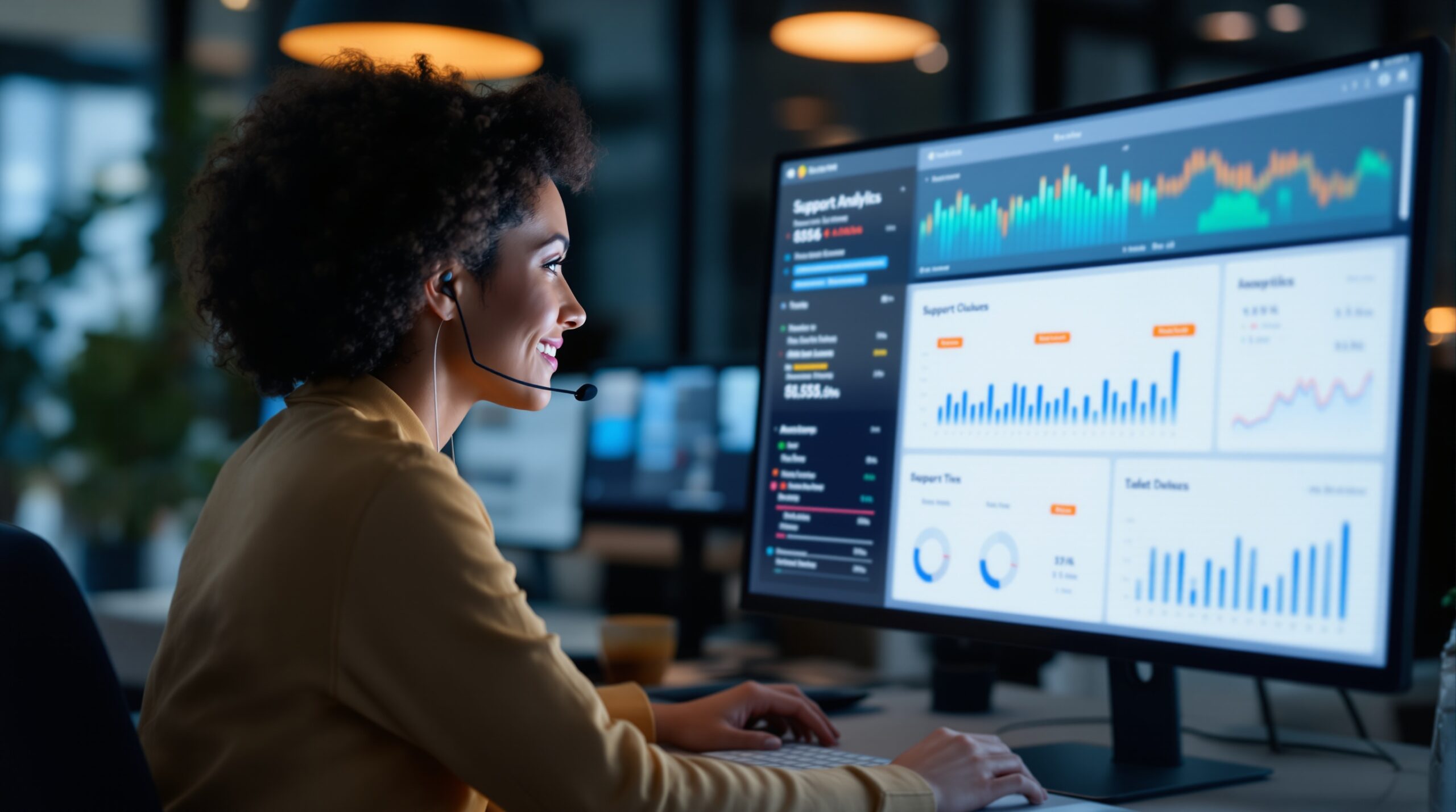 Support analytics dashboard with response time, backlog, and workload metrics for help desk triage