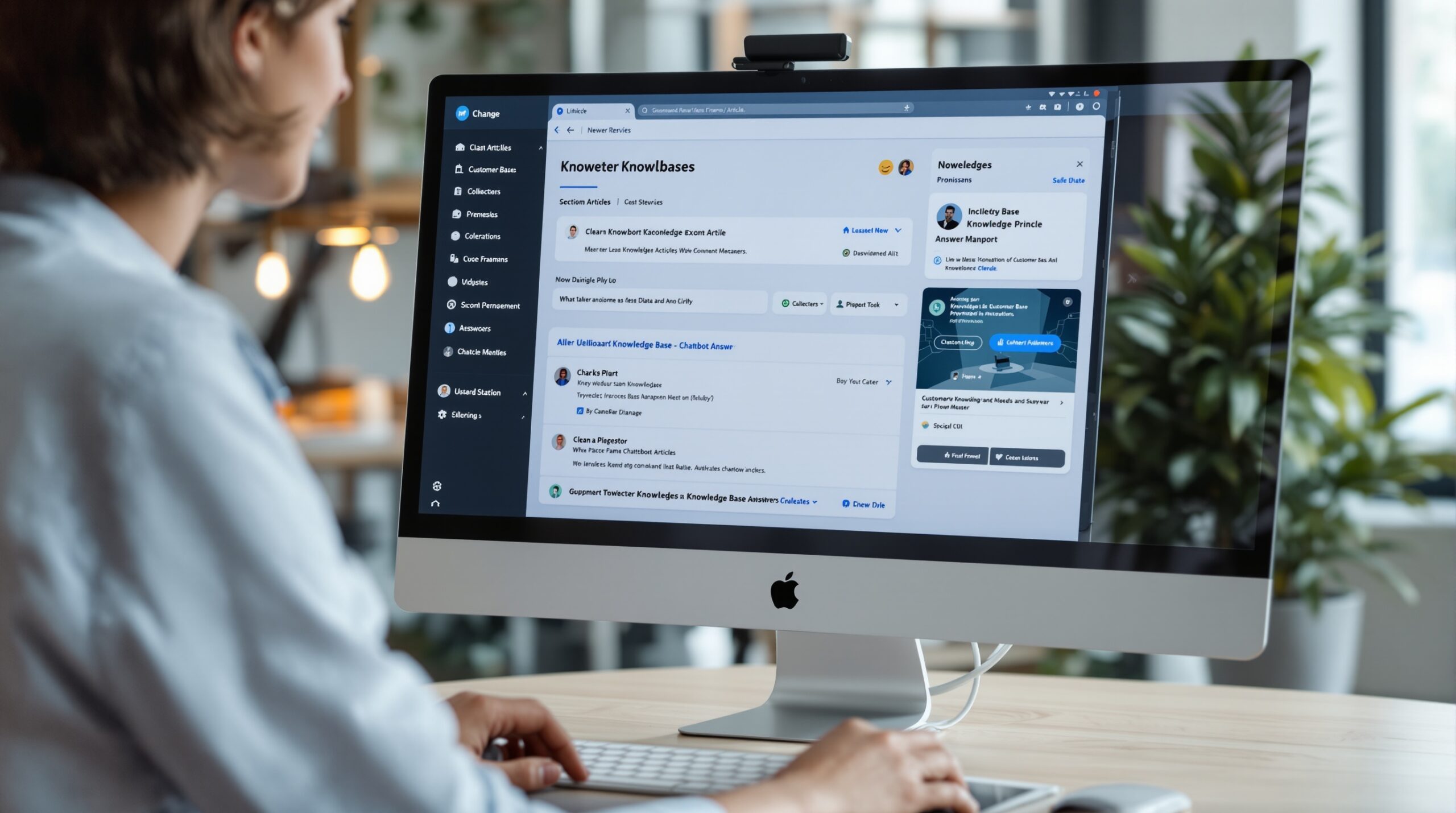 Dashboard screen showing knowledge base management, permissions, and update status for chatbot answers