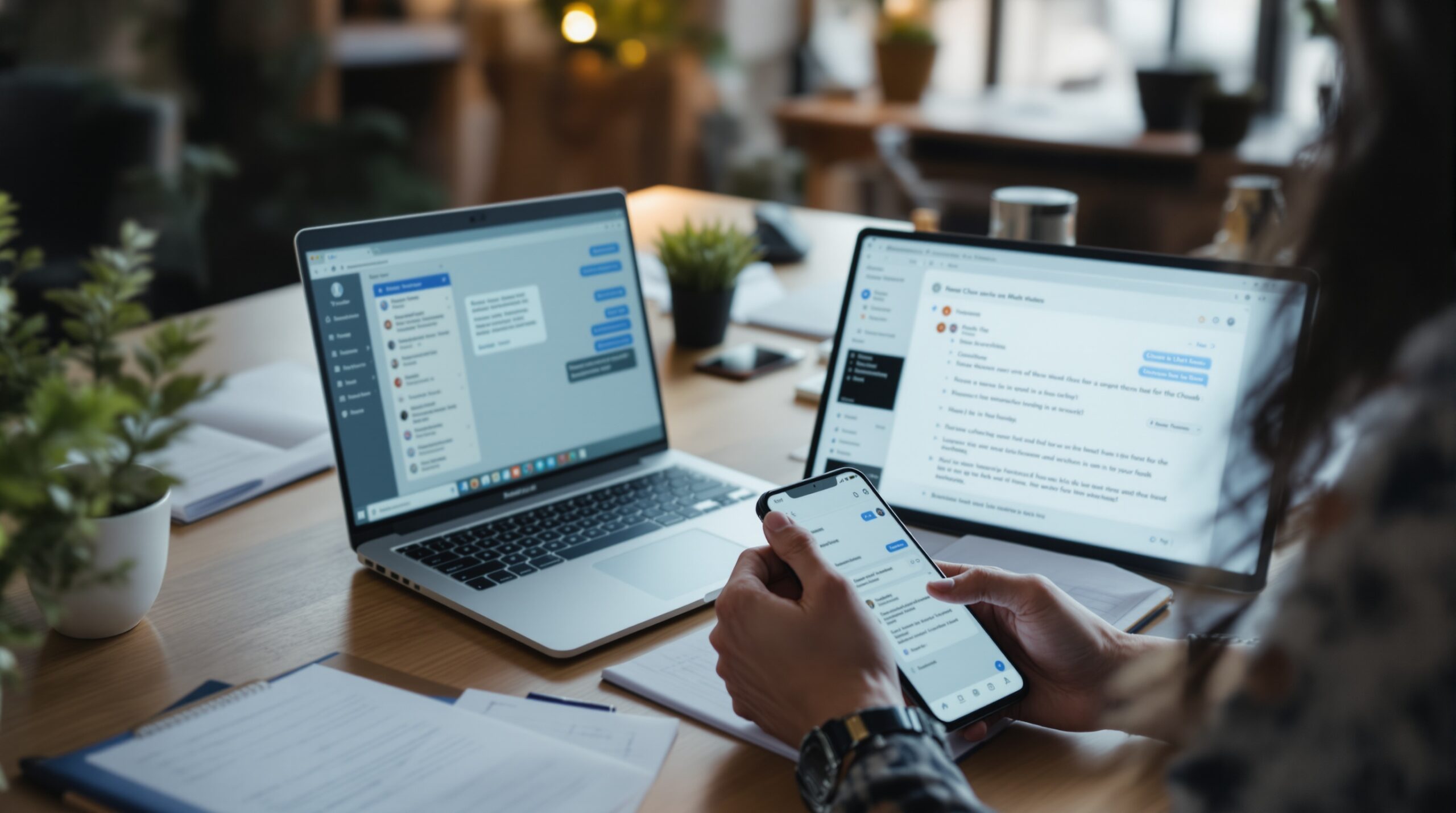 A modern workspace with documents and notes prepared for chatbot training and content setup