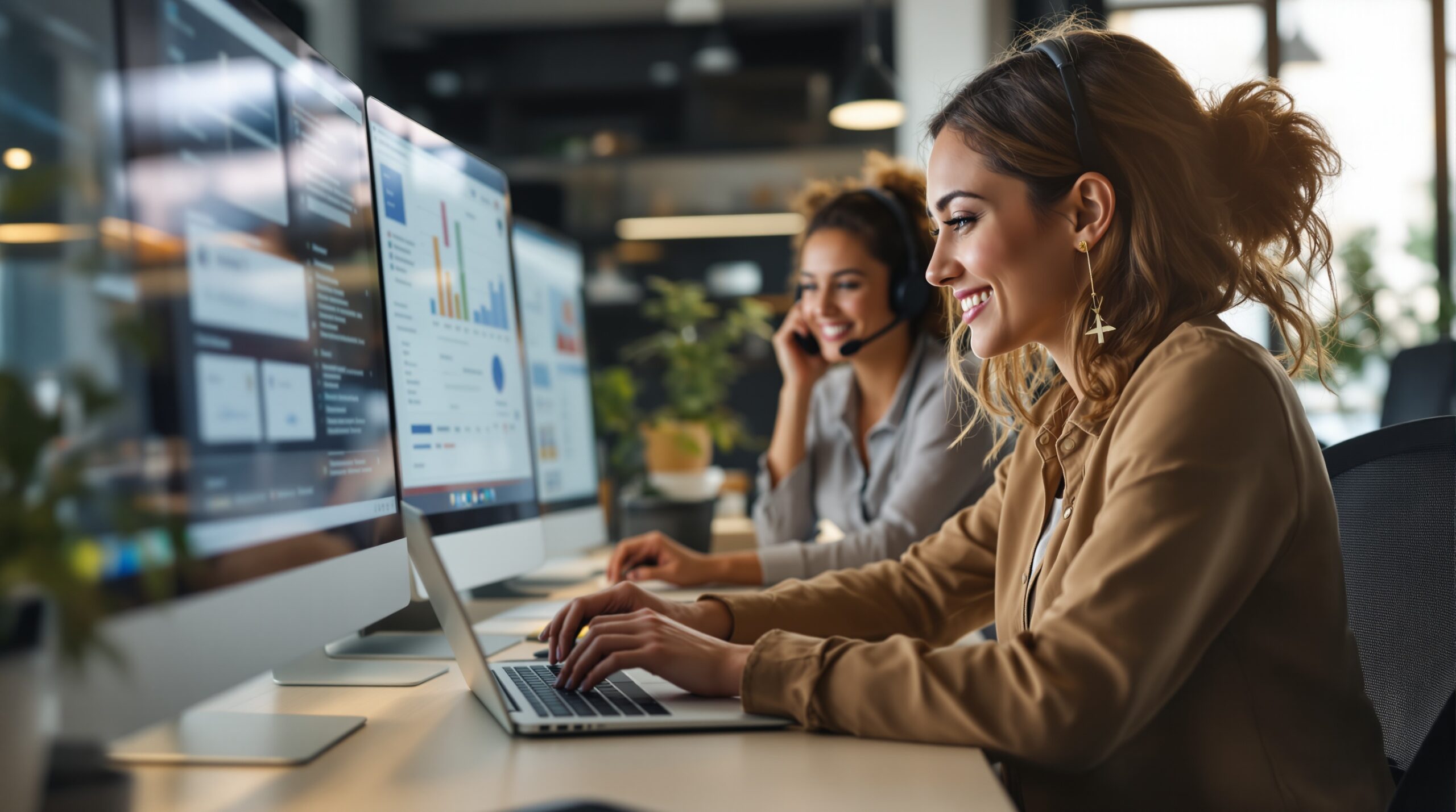 Service team working with shared support software to manage centralized customer service operations