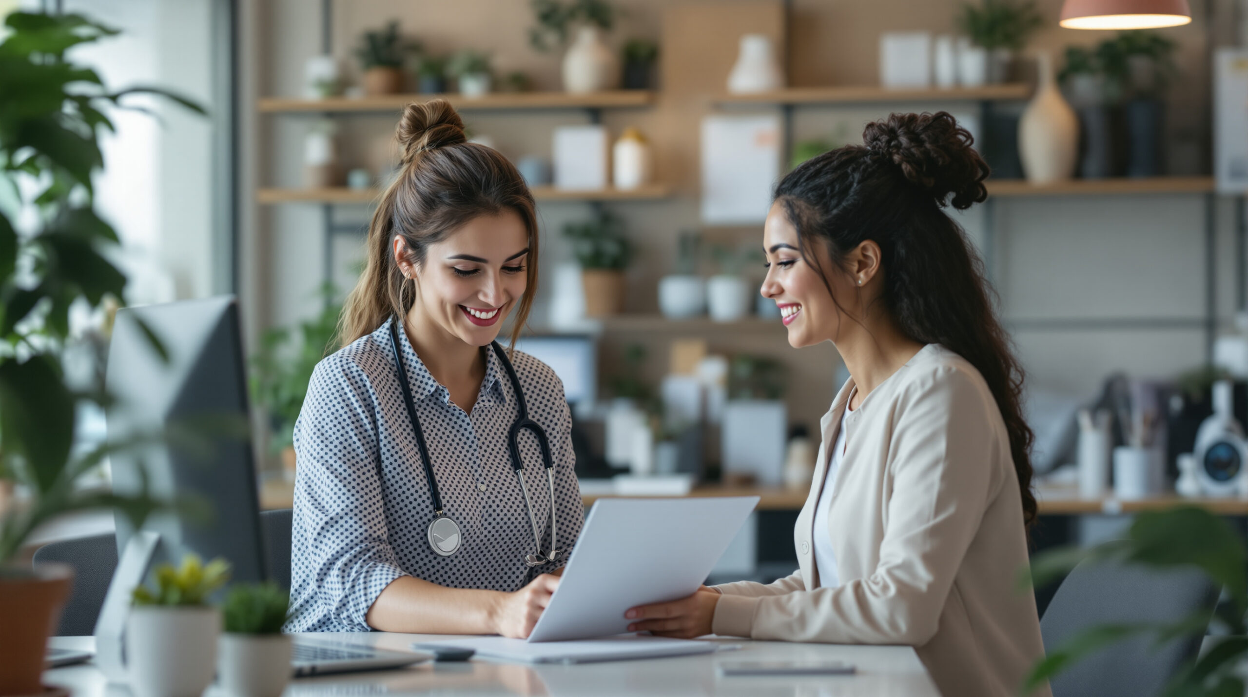 Clinic coordinator checking an appointment workflow beside a colleague