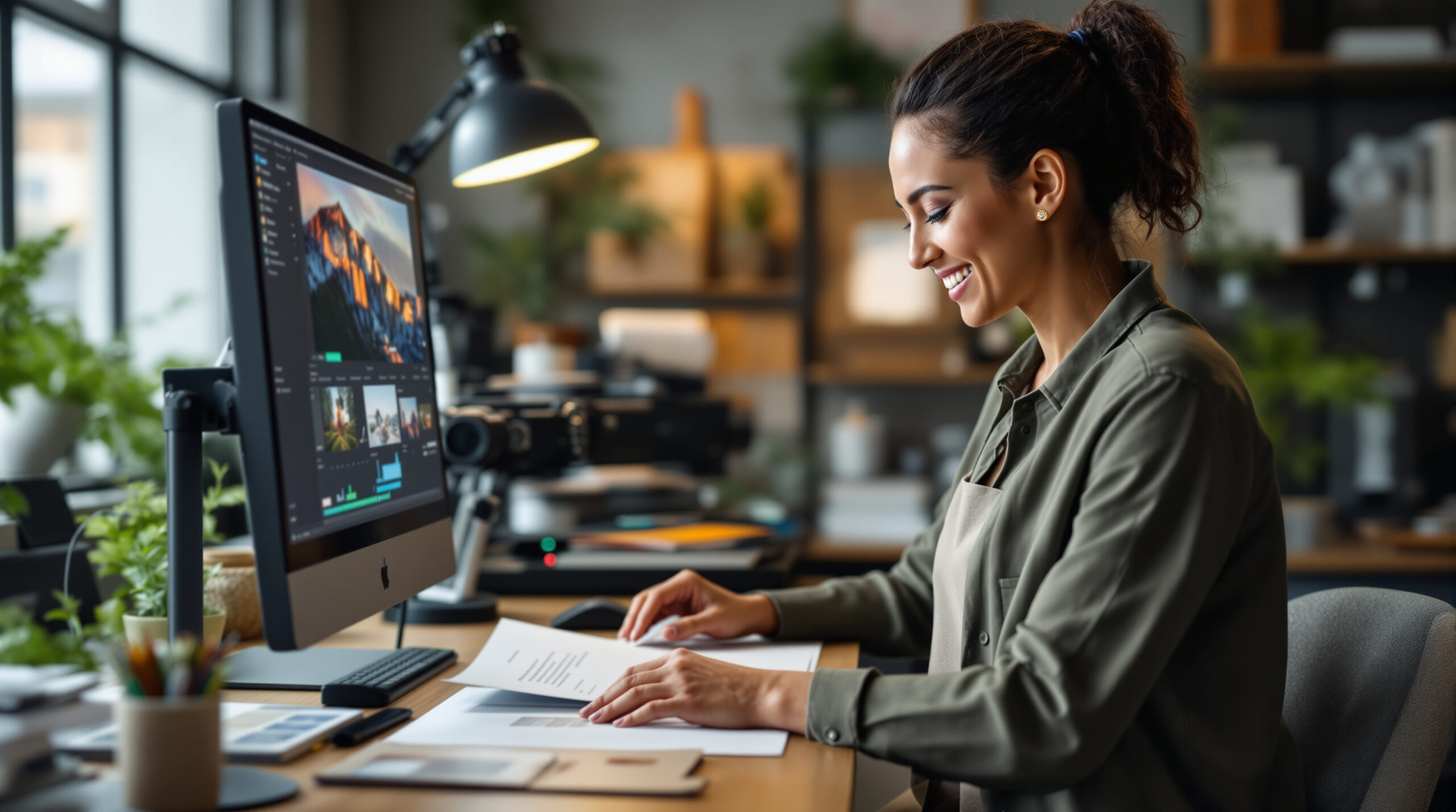 Photographer preparing a print order beside digital editing equipment