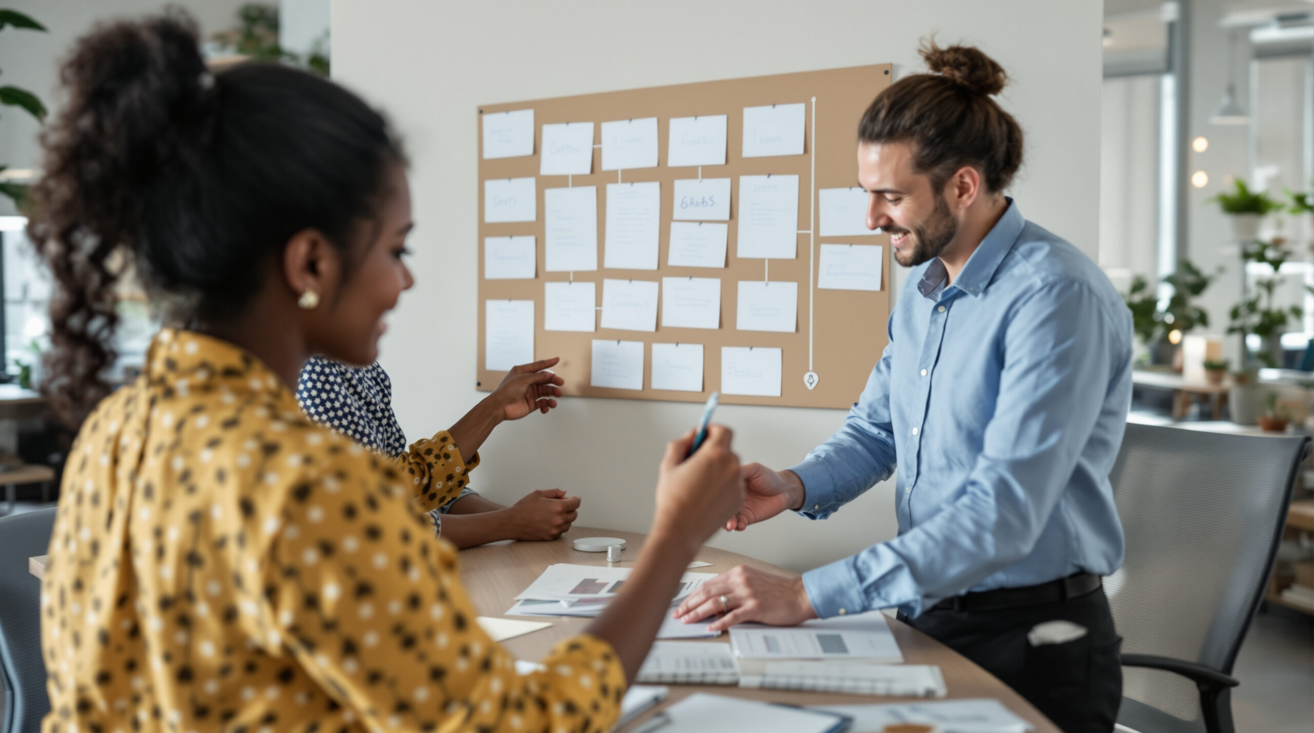 Software lead and retail manager mapping chatbot decisions with paper cards