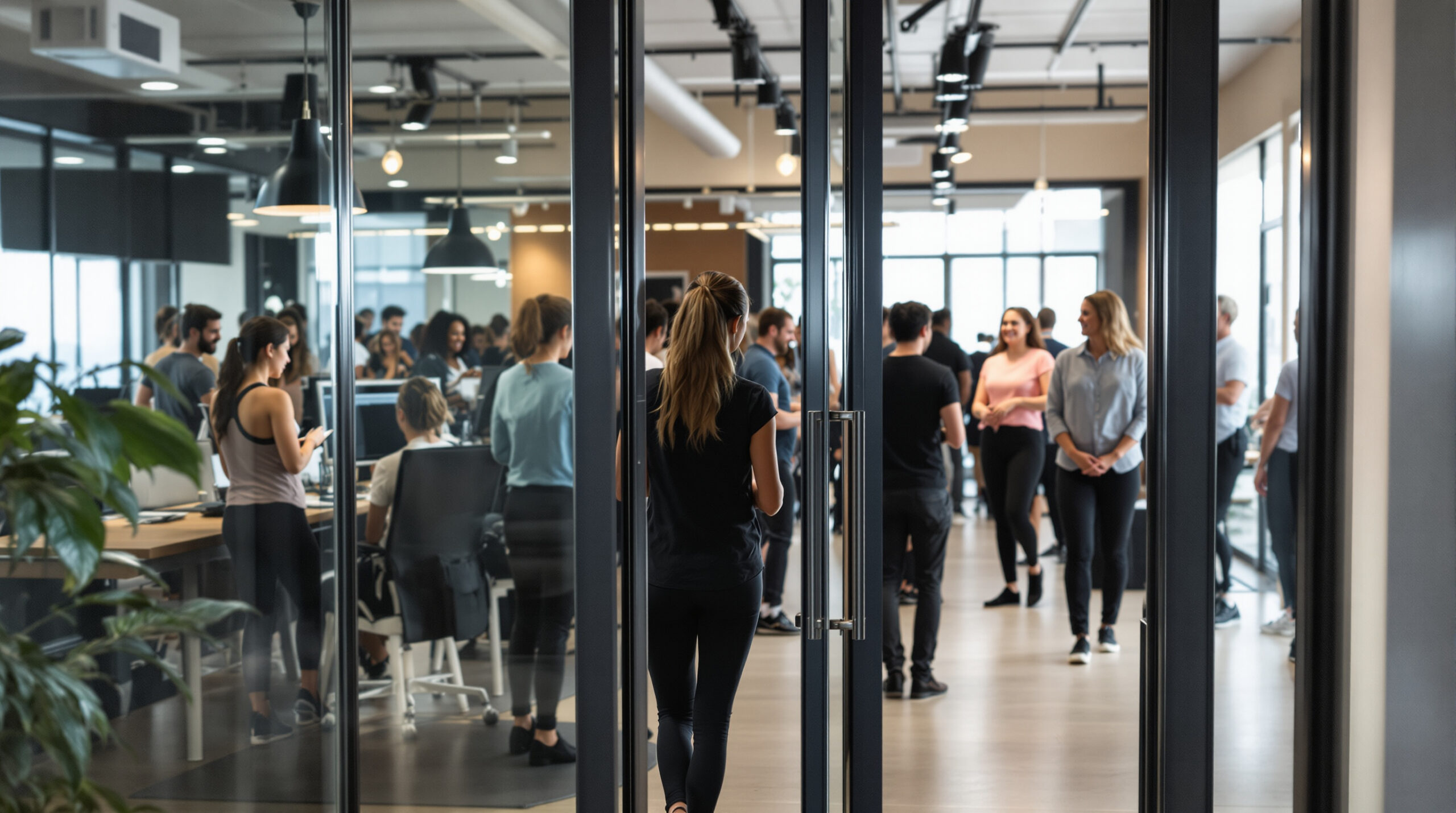 Instructor checking attendance as members enter a full studio class
