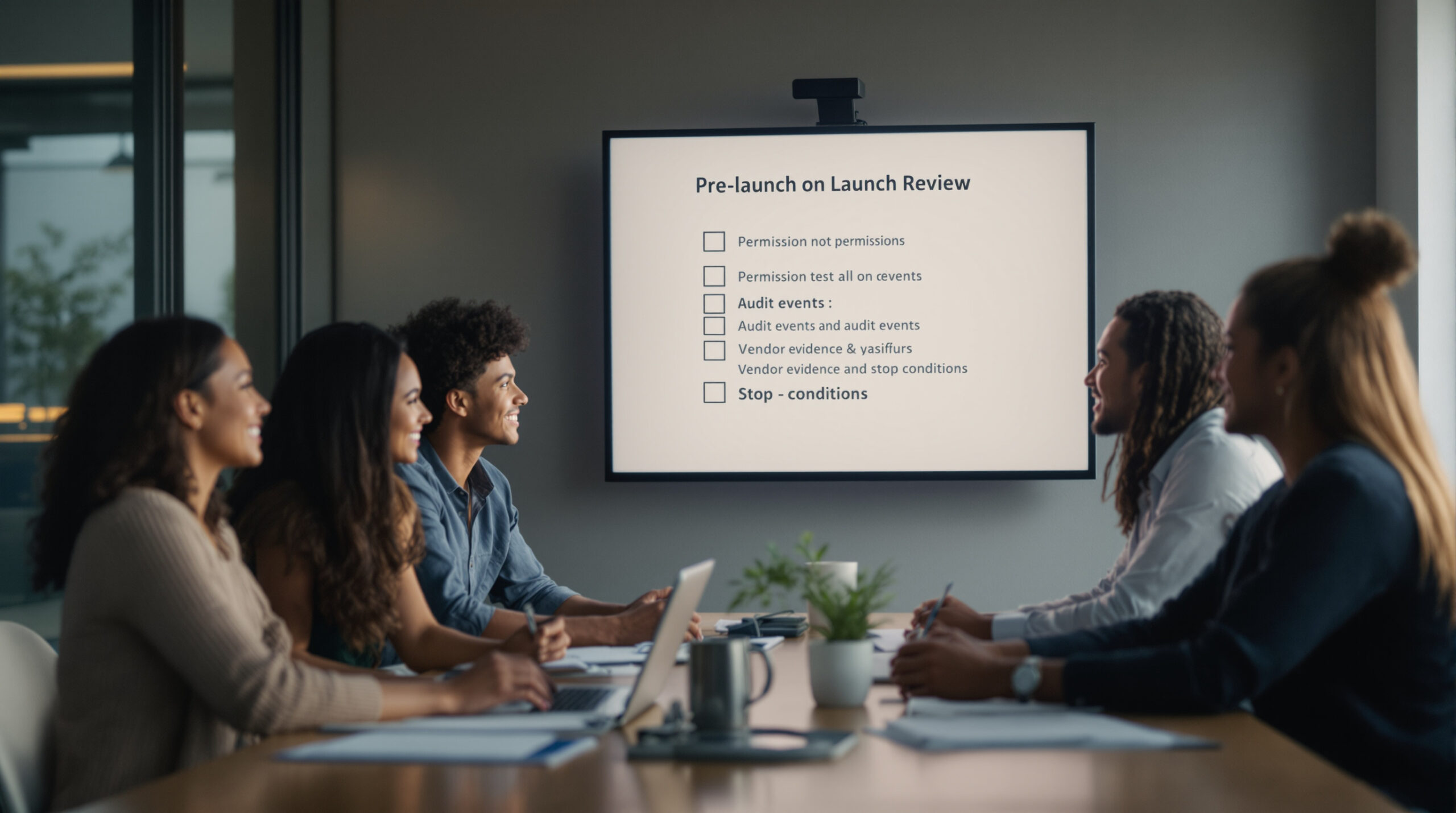 Pre-launch review of permissions, audit events, vendor evidence, and stop conditions