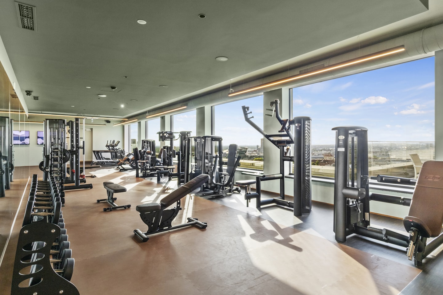 A gym with weight machines and dumbbells overlooking a city skyline