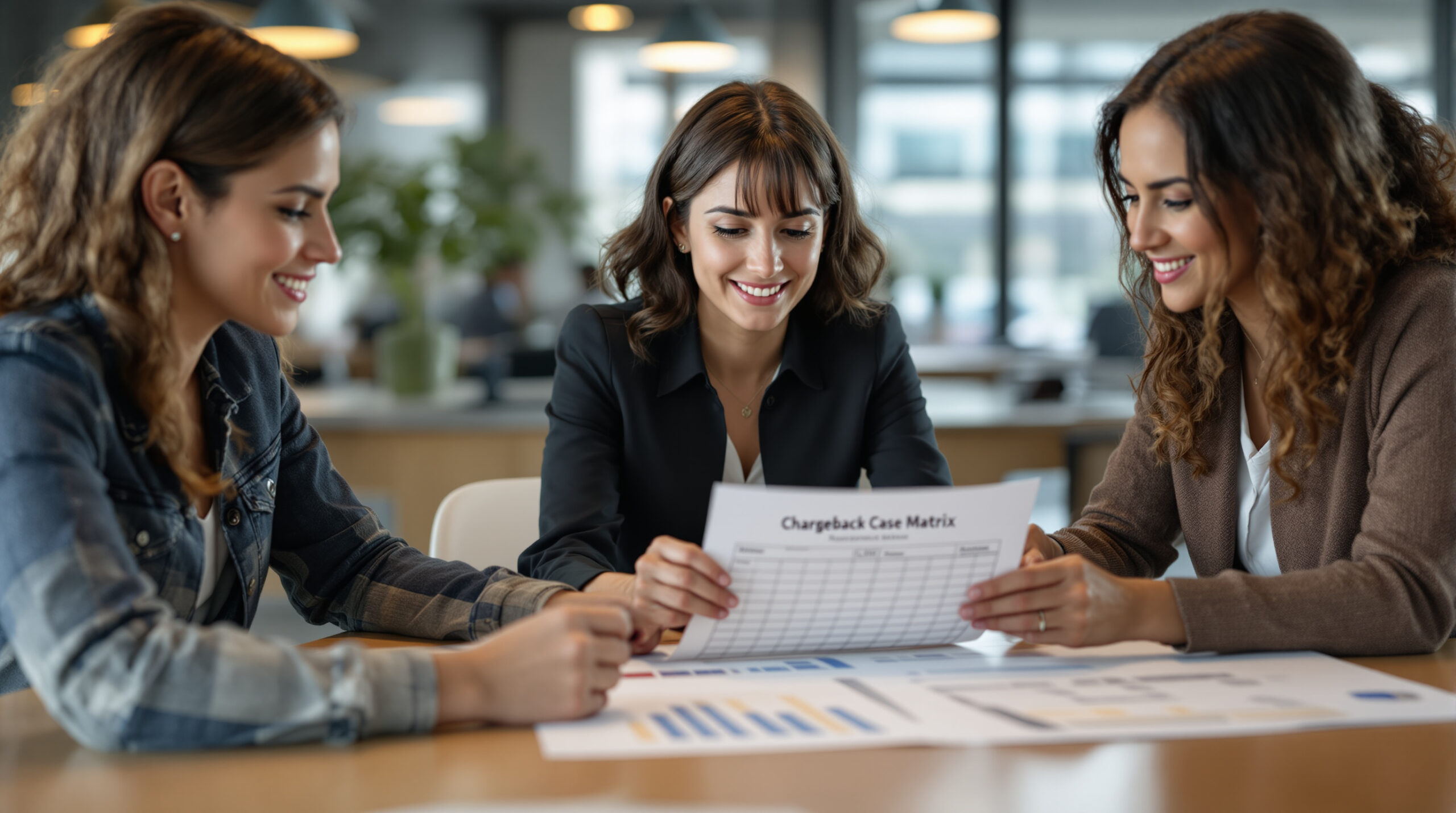 Operations team reviewing a chargeback case matrix together