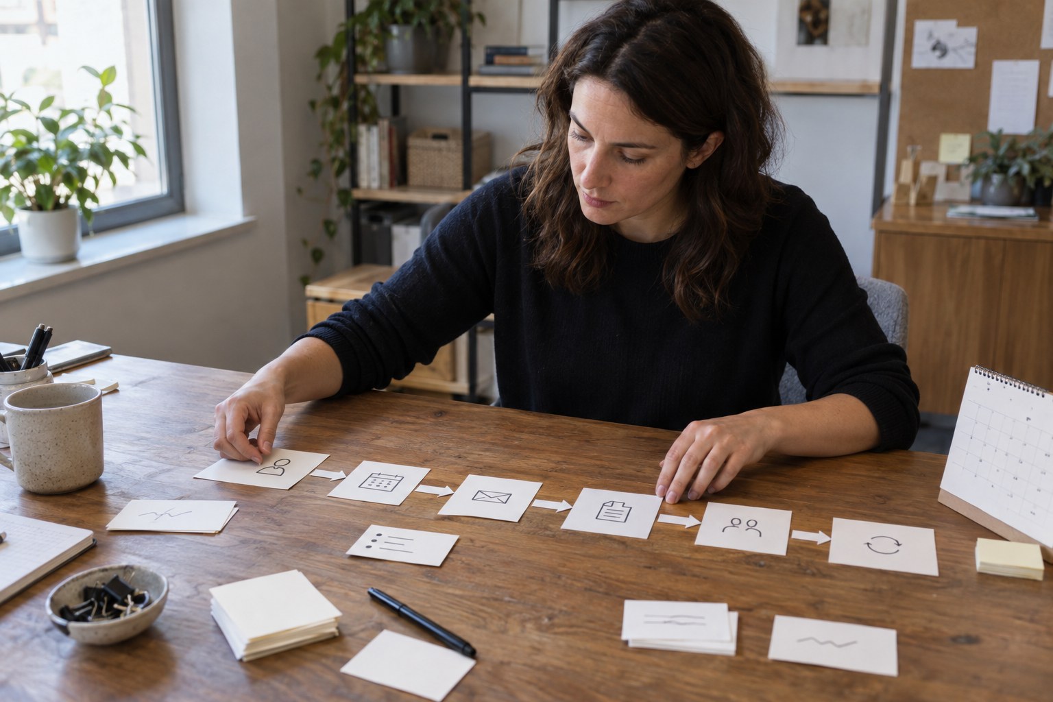 Operations lead mapping an appointment workflow with paper cards
