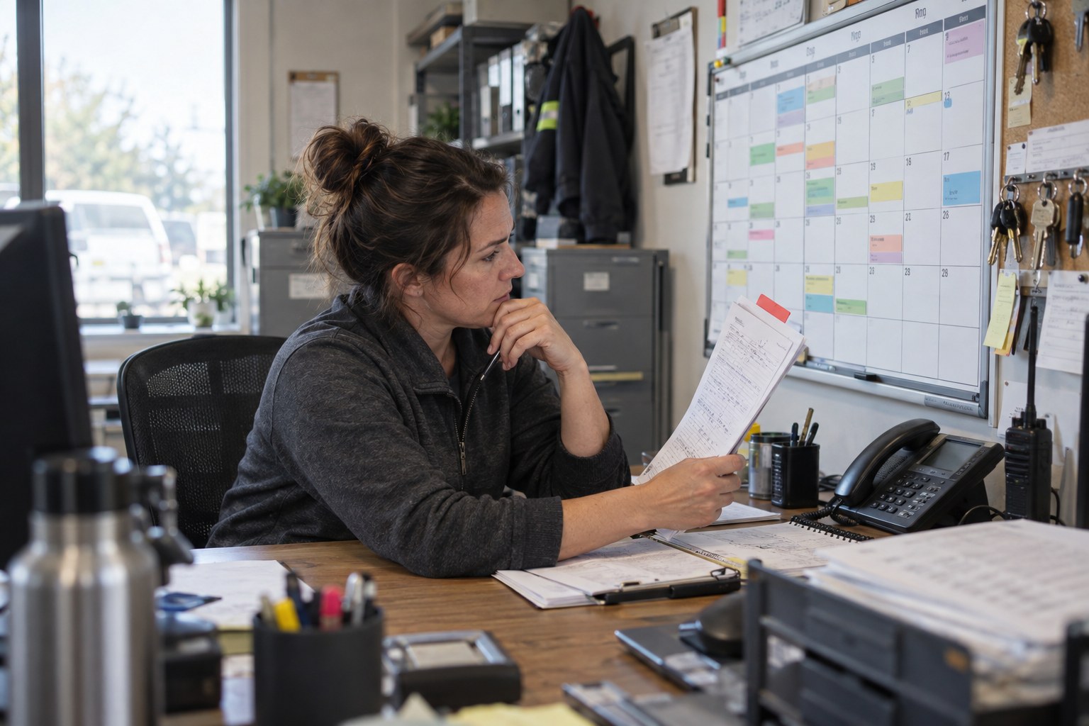 Dispatcher reviewing an escalated property service case beside a booking calendar