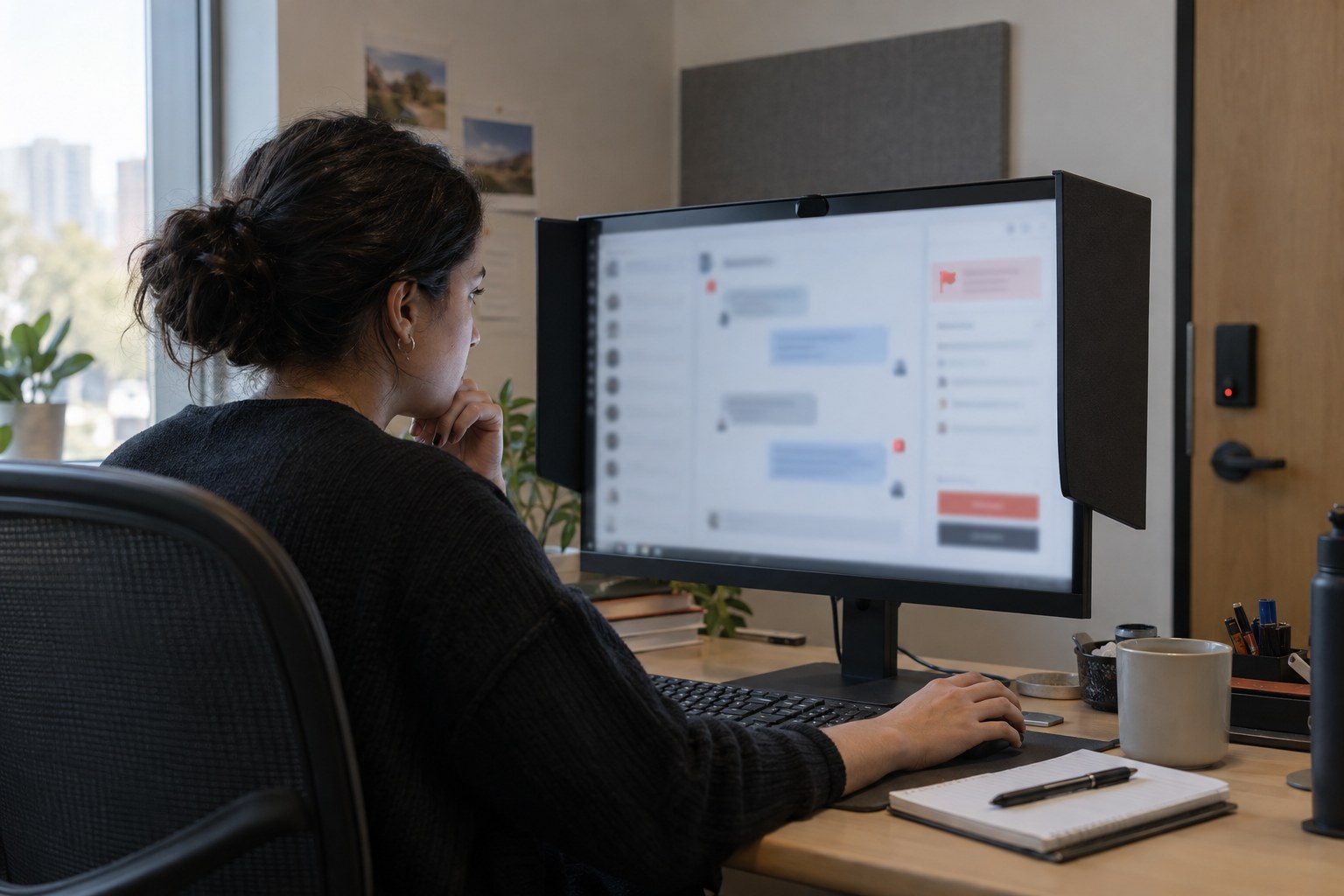 Trust and safety reviewer examining a reported conversation in a private office