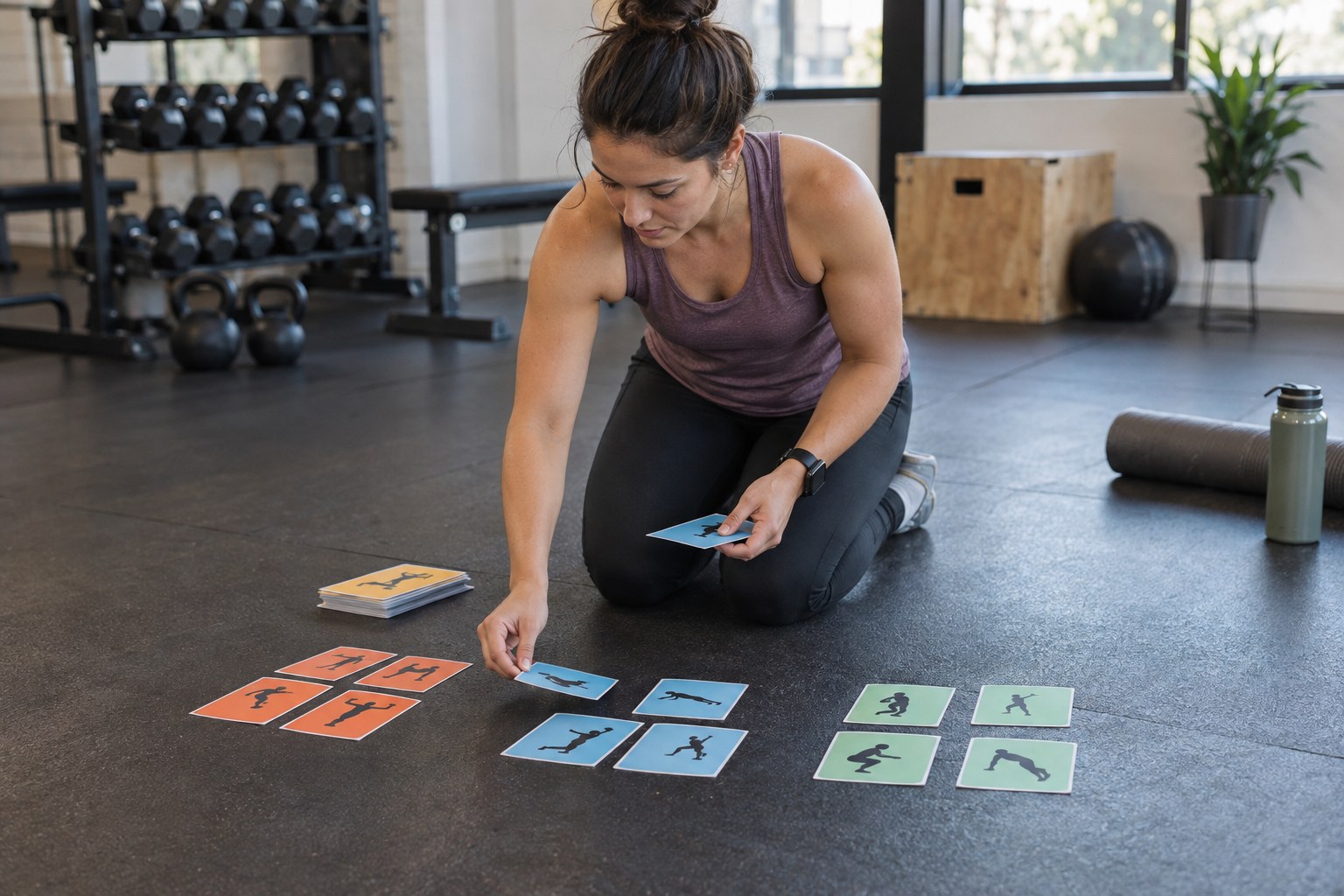 Coach sorting workout formats on a studio floor
