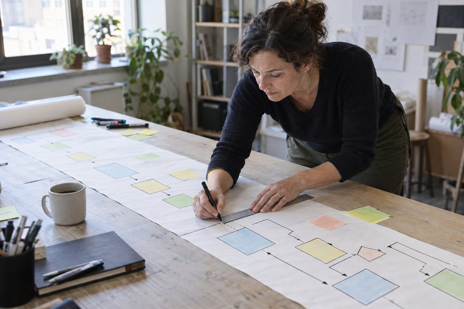 Operations manager marking a handoff boundary on a paper service map