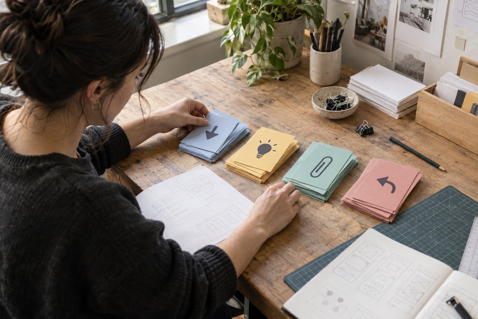 Product designer sorting cards for message requests, tips, attachments, and replies