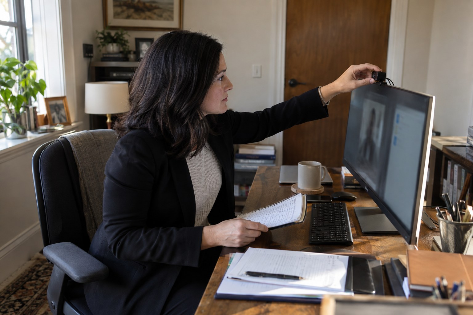 Advisor preparing for a scheduled online consultation in a private office