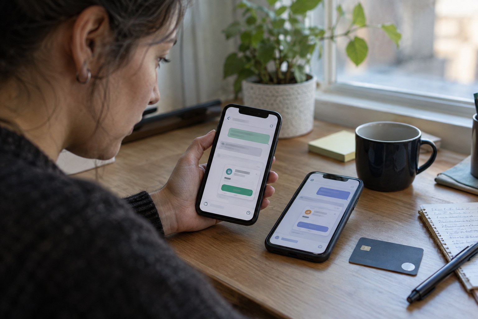 Quality assurance specialist testing a paid message on two devices