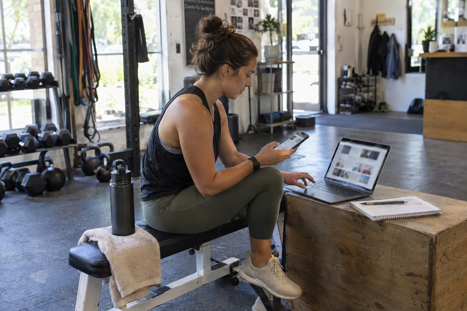 Founder testing a fitness membership journey on phone and laptop