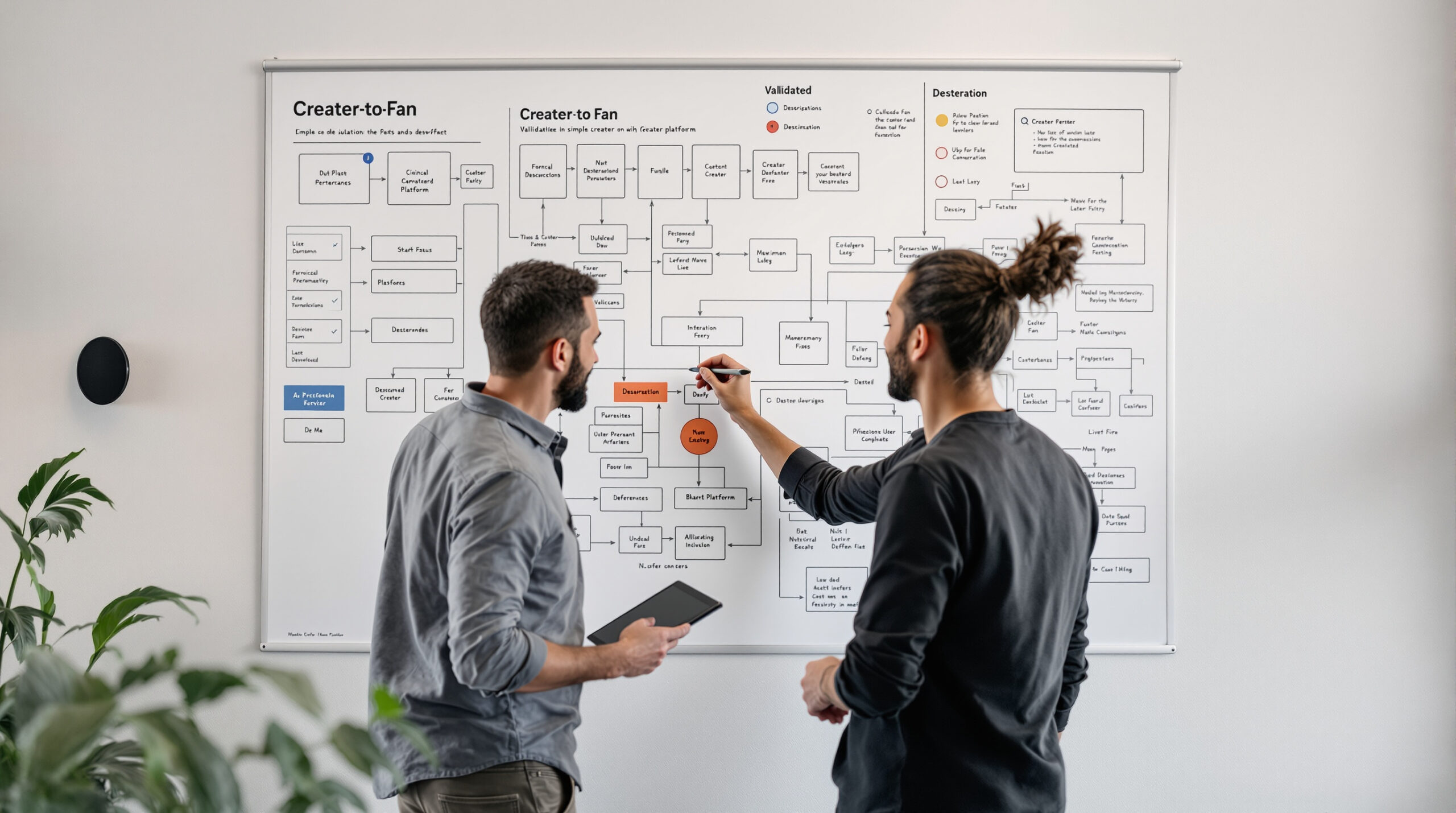 Founder and developer mapping a validated creator platform workflow