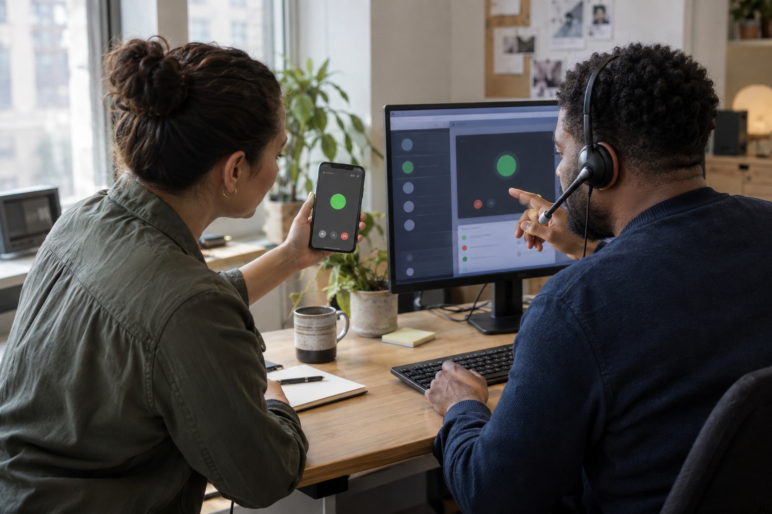 Product owner and support agent testing a live handoff between devices